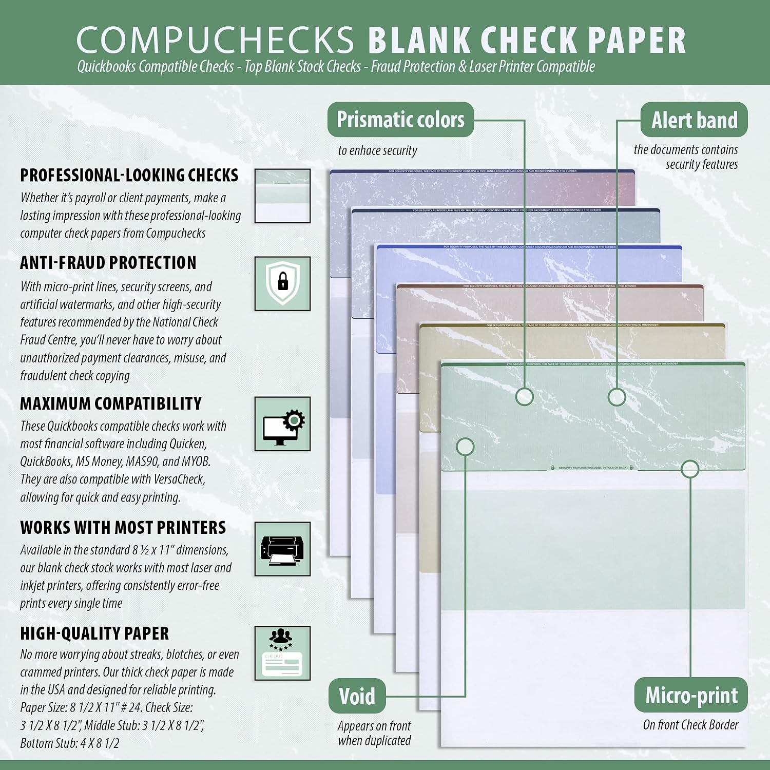 Compuchecks Blank Check Paper 500 Pack, Check on Top, QuickBooks Compatible | Blue Diamond High Security Computer Business Checks, Voucher on Bottom, 8.5x11, Works with Laser & Inkjet Printers, USA Made