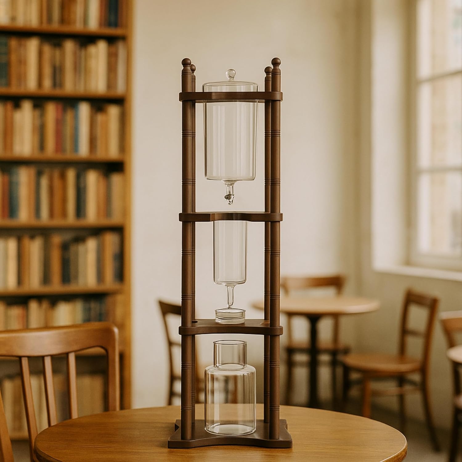 Nispira Iced Coffee Cold Brew Drip Tower Coffee Maker, 6–8 Cup Manual Cold Brew Brewer with Adjustable Valve, Wooden Frame & Glassware, Slow Cold Extraction System