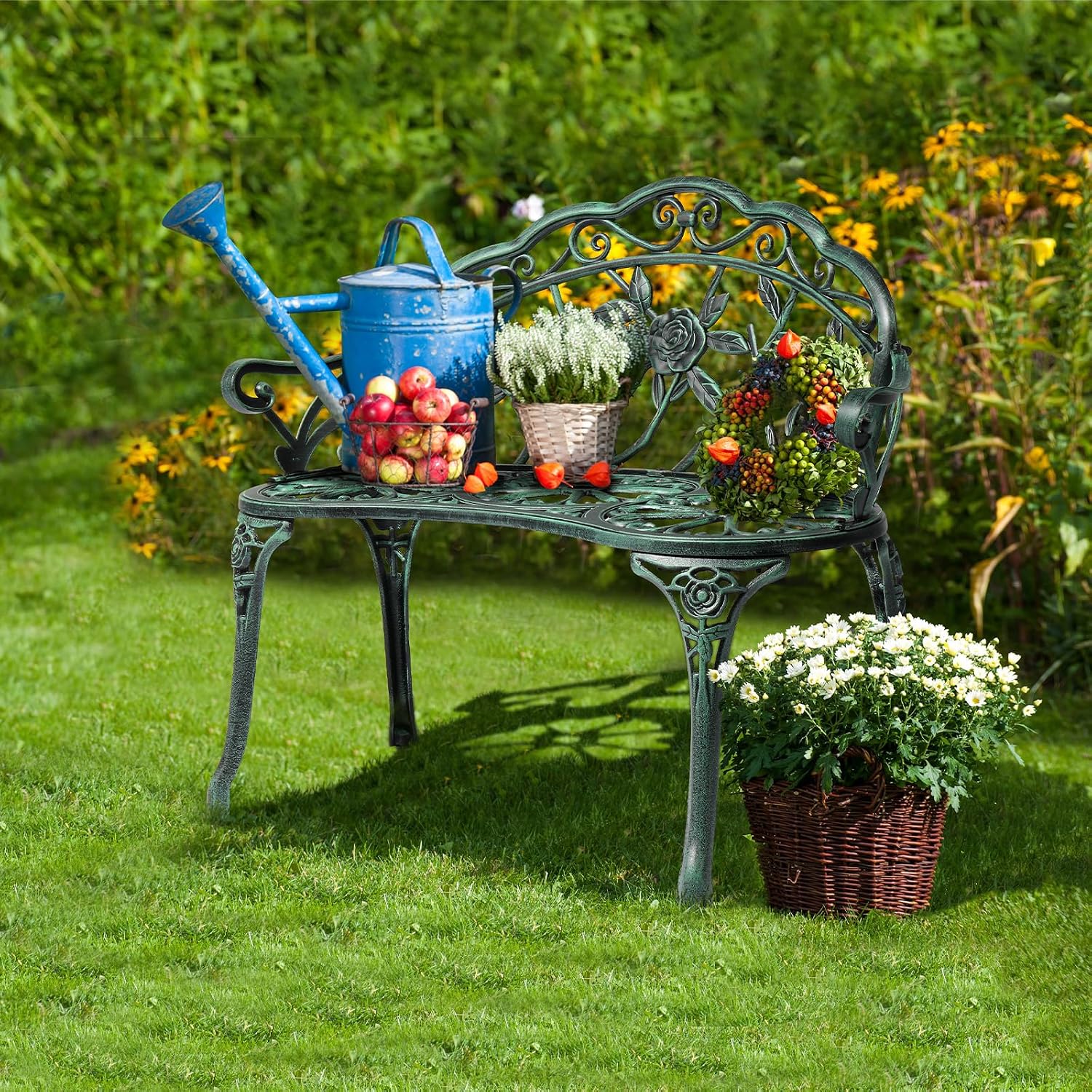 VINGLI 38.5" Patio Park Garden Outdoor Metal Rose Bench, 2-Person Cast Iron Cast Aluminium Frame Antique Finish Chair,Accented Lawn Front Porch Path Yard Decor Deck Furniture (Bronze, Rose)