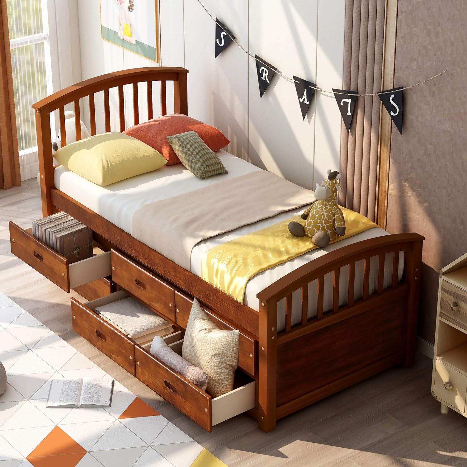 Merax Twin Size Platform Storage Bed Solid Wood Bed with 6 Drawers