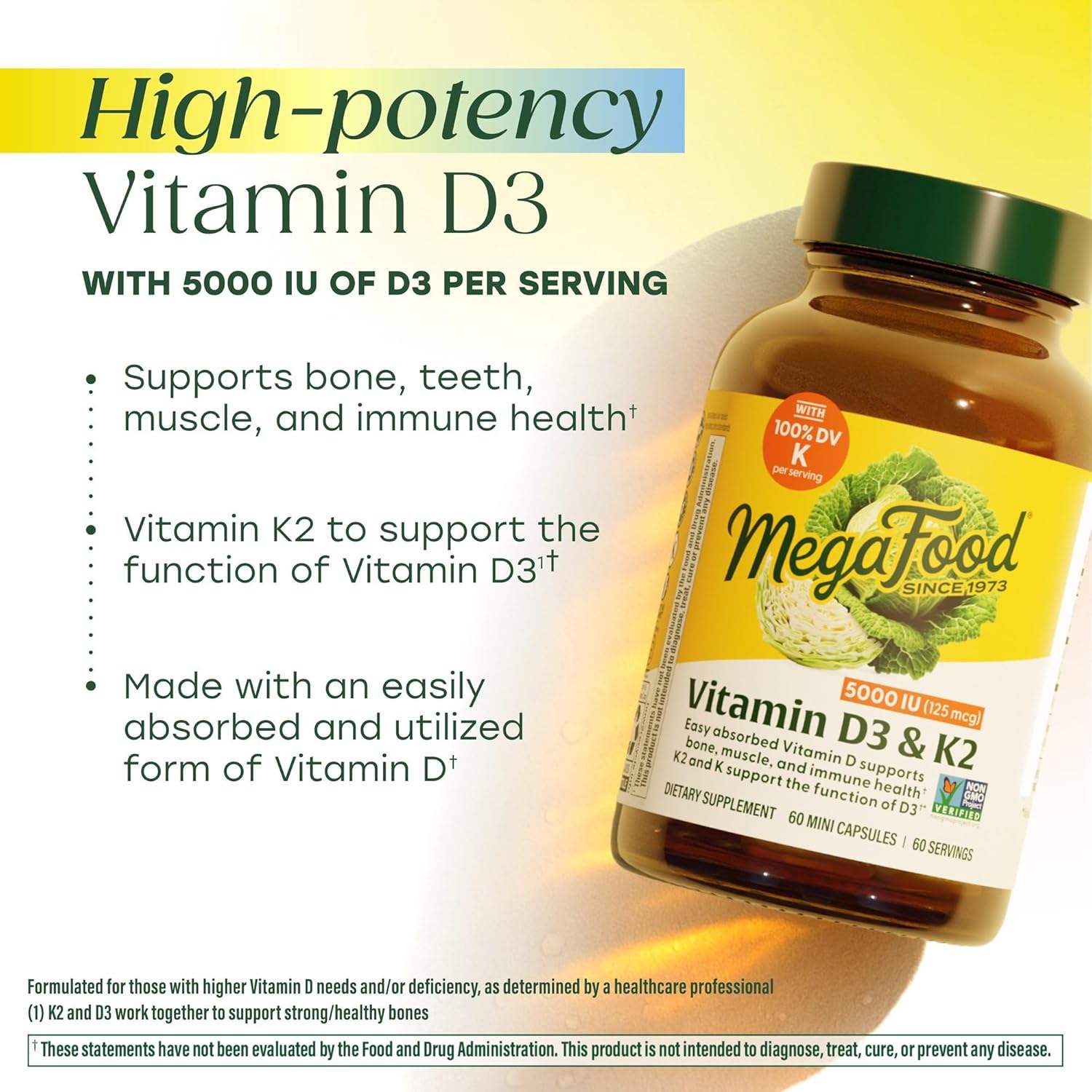 MegaFood Vitamin D3 & K2 5000 IU (125 mcg), 60 Mini Capsules