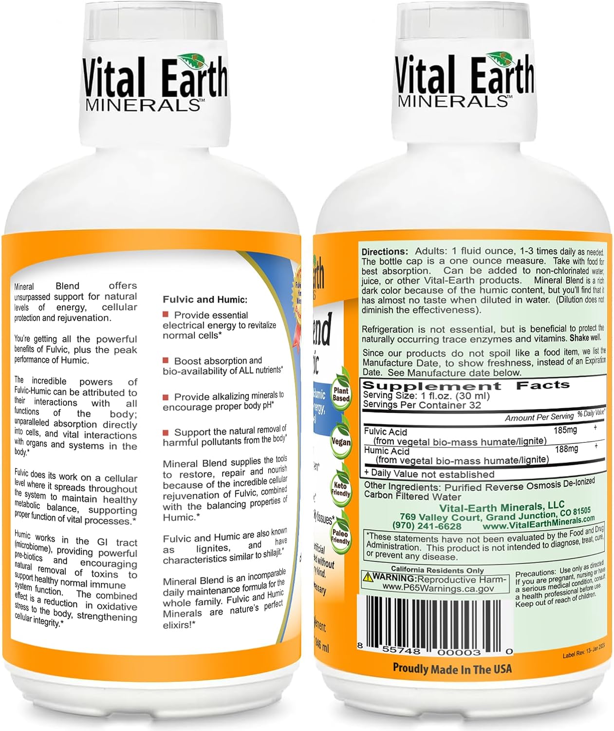 Vital Earth Minerals Fulvic Humic Mineral Blend Liquid 2-Pack – Fulvic Acid Supplement with 70+ Trace Minerals, Electrolytes for Recovery, Balance & Energy, 32 Oz Ea + 1 Oz Cup Ea