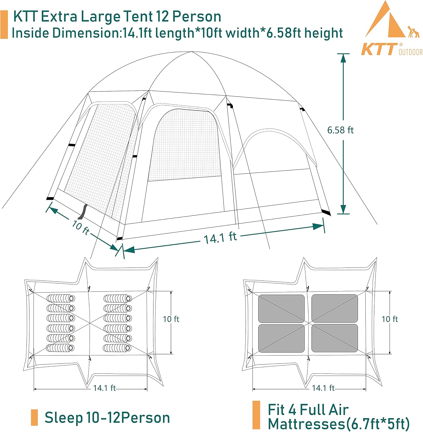KTT Extra Large Tent 12-14 Person, Family Cabin Tents, 2 Rooms, Straight Wall, 2 Doors 4 Windows with Mesh, Waterproof, Double Layer
