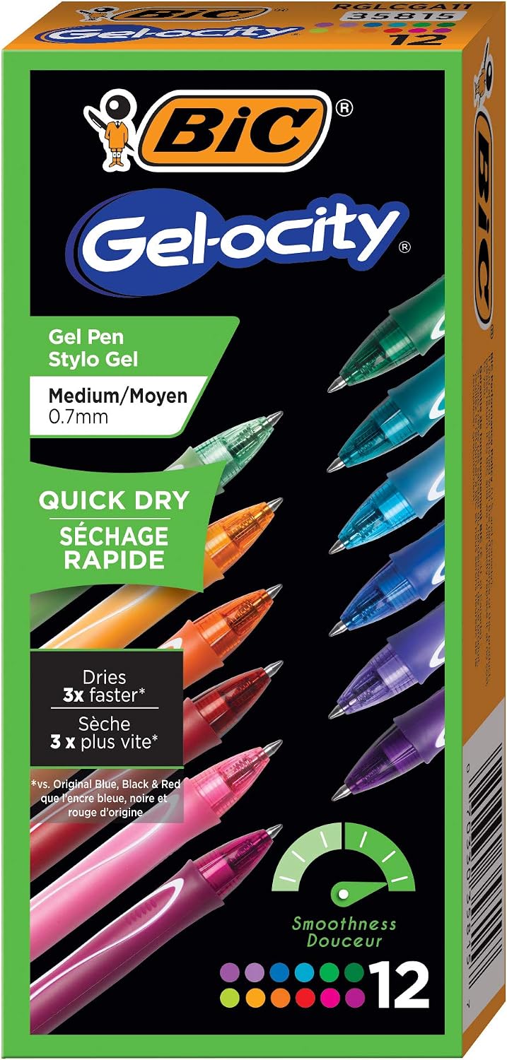 BIC Gelocity Quick Dry Black Gel Pens, Medium Point, 0.7 mm, 12-Count | Quick Dry Ink Resists Smearing | Full-Length Comfort Grip | Ideal for Students and Teachers | 12 Pens in Pack