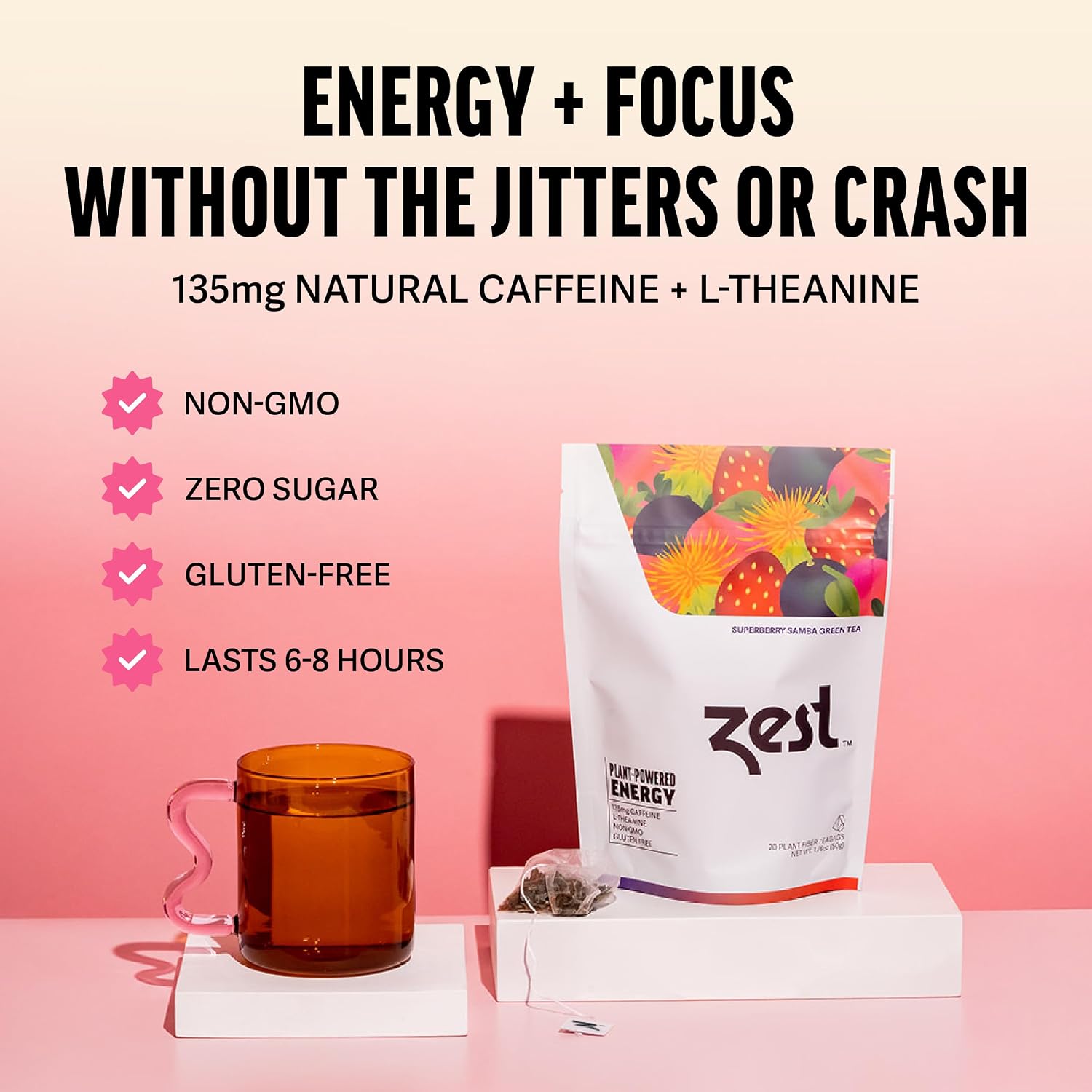 Zest Energy Green Tea – Pomegranate Mojito High Caffeine Tea Bags for Focus & Morning Energy – Natural Caffeinated Tea with 135mg Caffeine – Coffee Substitute – 20Ct Pack, Non-GMO & Keto Friendly