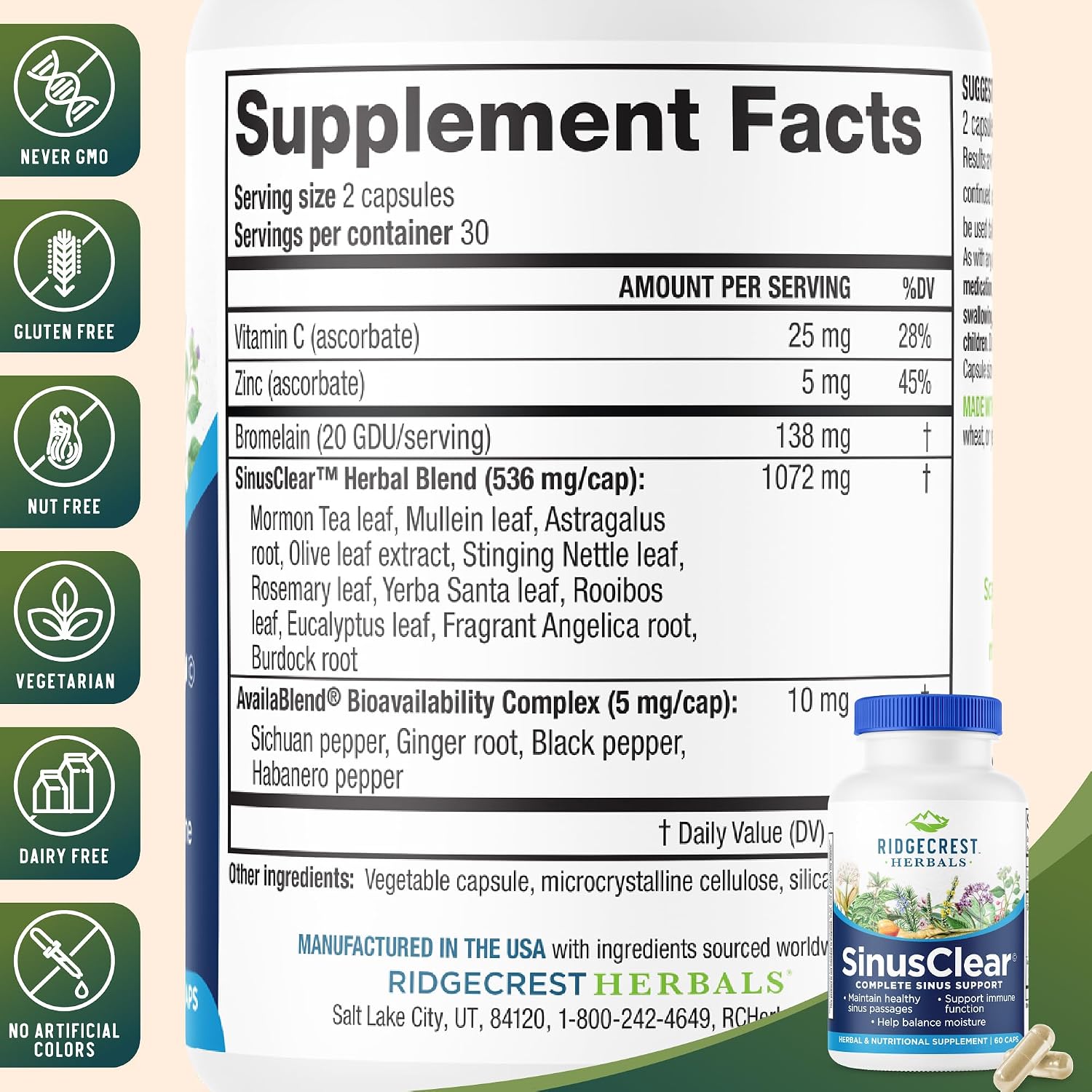 RidgeCrest Herbals SinusClear Mullein Sinus, Nasal and Immune Support 60 Ct | 30 Servings, Mullein Leaf, Bromelain, Vitamin C, Zinc