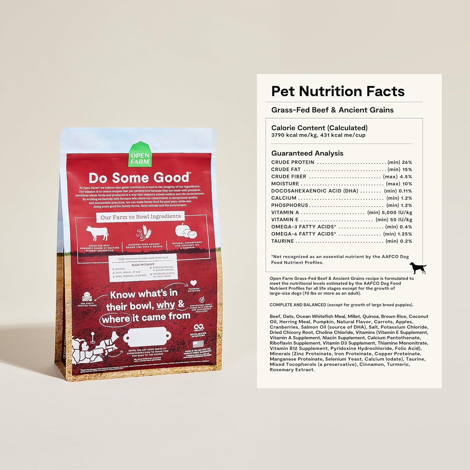 Open Farm Ancient Grains Dry Dog Food, Grass-Fed Beef Kibble, 11lb Bag