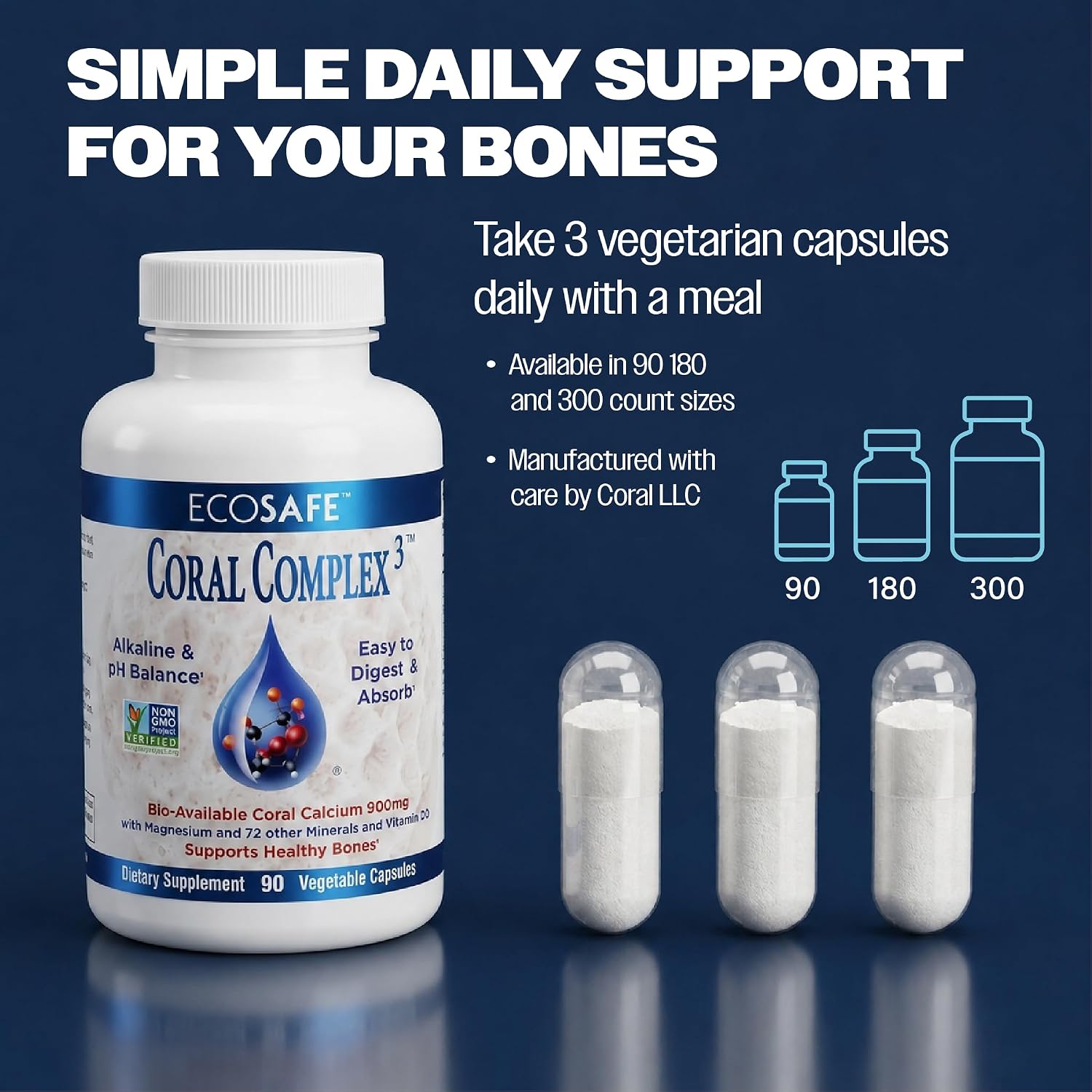 Coral Complex 3 Calcium Supplement Vitamin D3 & Magnesium – 900 mg Bioavailable Coral Calcium for Bone Strength, Joint Support & pH Balance – Trace Minerals, Non-GMO, 300 Veg Capsules