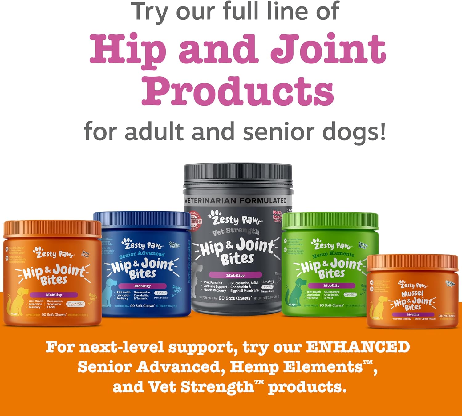 Zesty Paws Hip and Joint Supplement for Dogs - Glucosamine with Chondroitin, MSM, Vitamins C and E Dog Joint Relief - Mobility Bites Duck – 90 Count