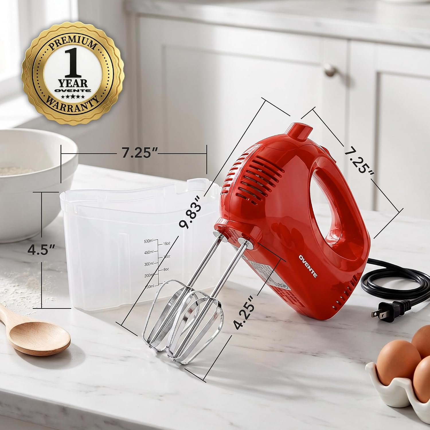 OVENTE 5-Speed Electric Hand Mixer with Storage Case,150W, White HM151W | Stainless Steel Whisks, Compact Portable Design, Lightweight Handheld Mixer for Baking & Cooking