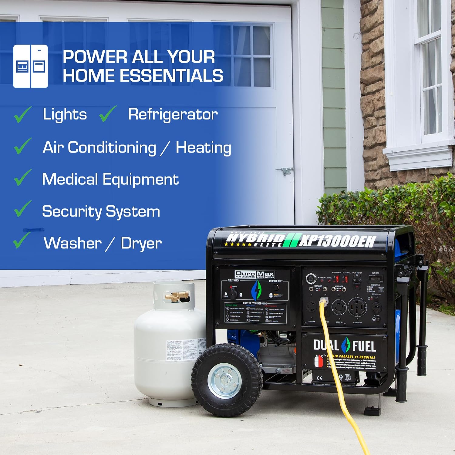 DuroMax XP12000EH 12,000-Watt Dual Fuel Portable Generator – Gas & Propane, Electric Start, Whole Home Backup Power, Transfer Switch Ready, RV & Emergency Ready