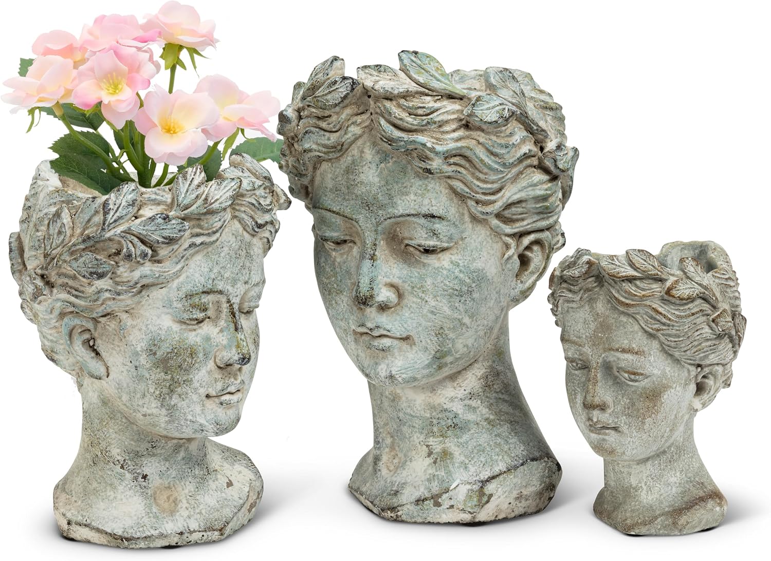 Abbott Collection Large Woman Head Planter | Hand-Finished Greco-Roman Style, Indoor & Outdoor, For Flowers & Succulents, Cement, Gray, 10"H
