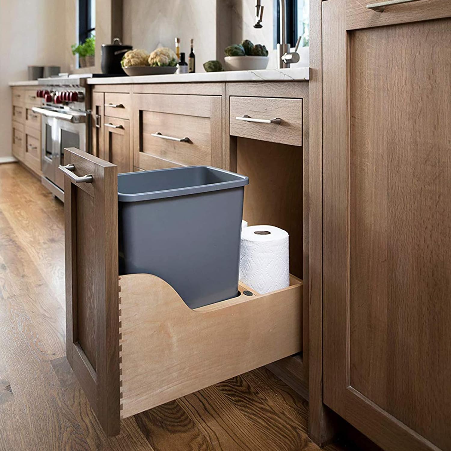 Rev-A-Shelf Pull Out Trash Can for Kitchen Cabinets 35 Qt 8.75 Gal Bottom Mounted, Undermount Soft-Close Slides, Silver, 4WCSC-1835DMND-2