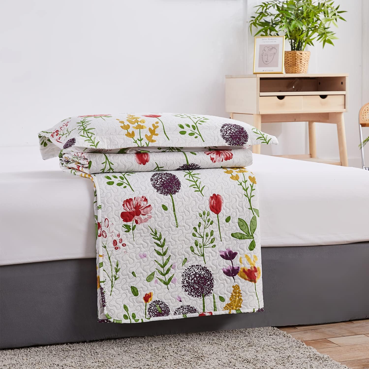 Ycosy Floral Quilt Set Full/Queen Size Reversible Flower Bedspread Queen Summer Lightweight Quilt Bedding Purple Floral Quilts Green Leaves Coverlet