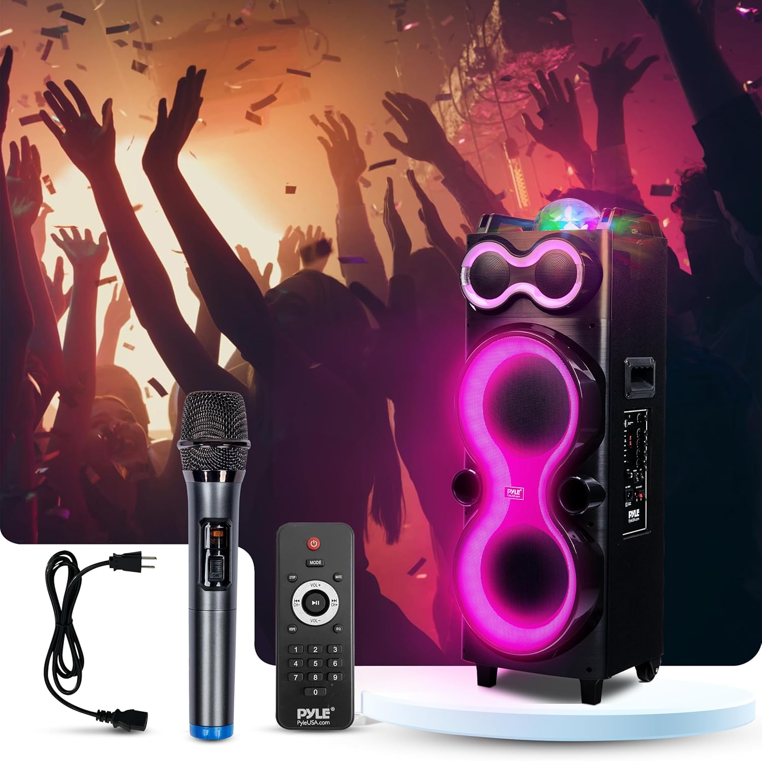 Pyle Bluetooth Speaker System with Wireless Mic, 240W PA and Karaoke Machine, Dual 10" Inch Speakers, Rechargeable Battery, USB/SD/AUX/FM Radio