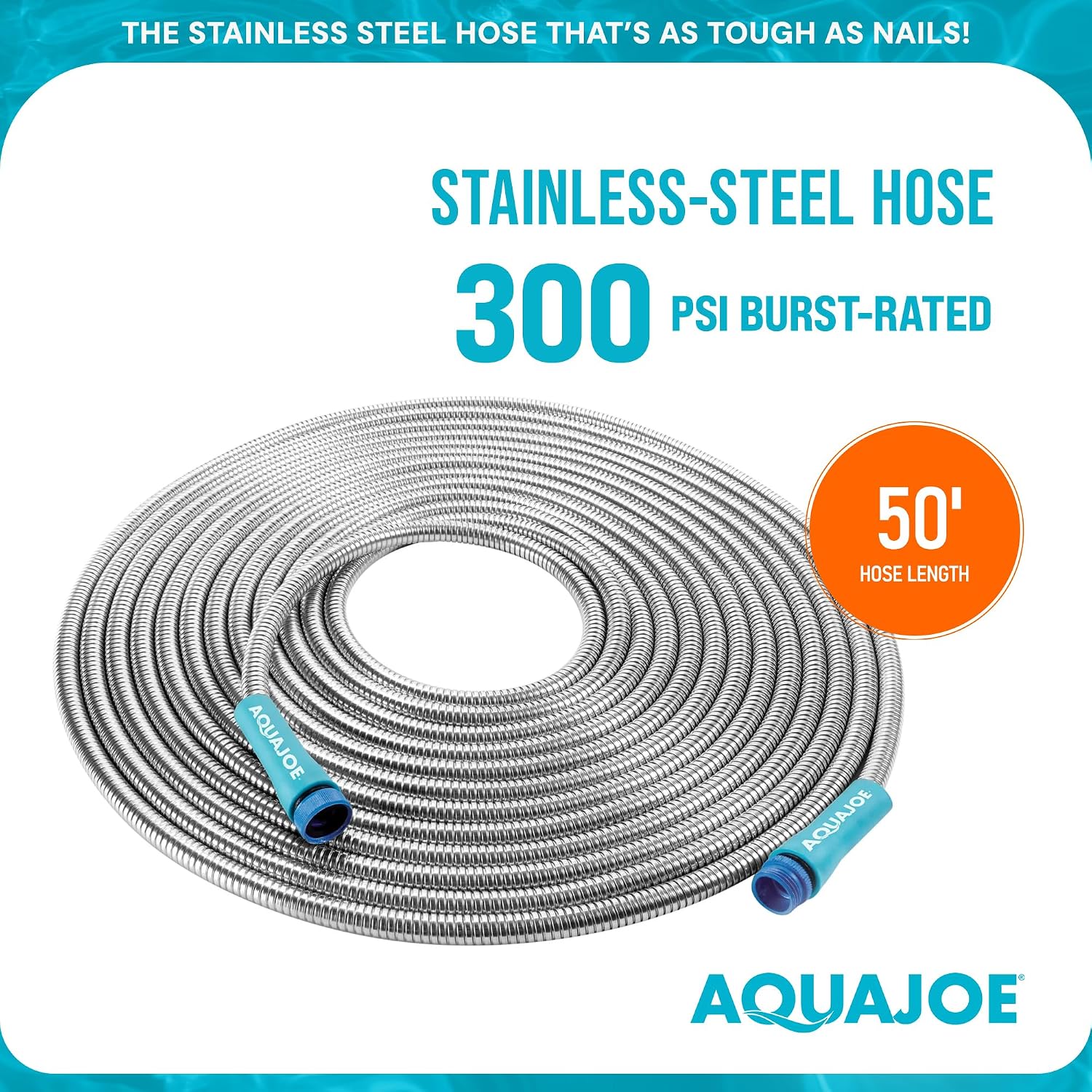 Aqua Joe 50-Foot Heavy Duty Garden Hose, Spiral 304 Stainless Steel Metal Hose, Puncture Proof, 1/2 Inch Diameter with Aluminum Fittings, AJSGH50