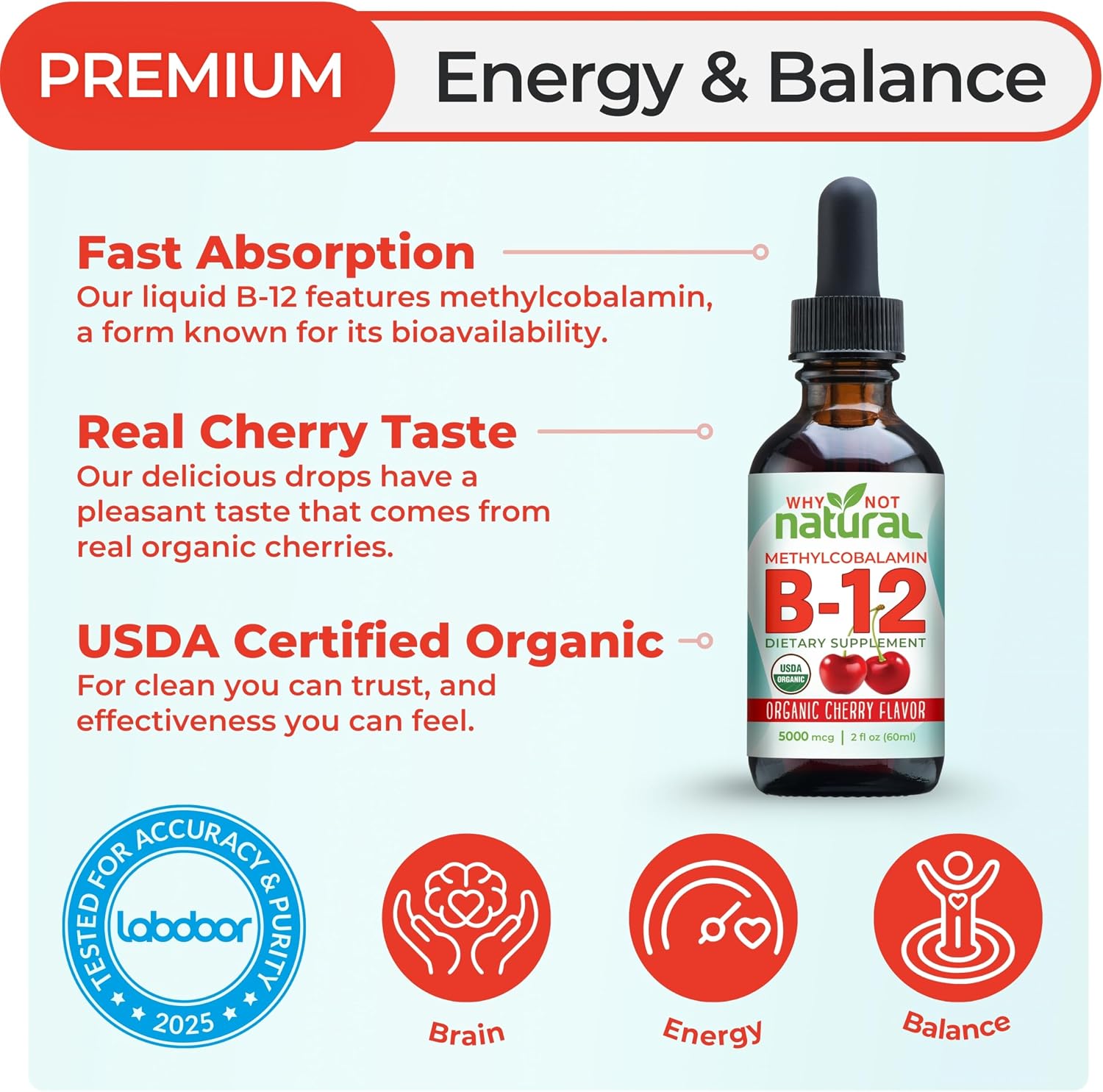 Why Not Natural Organic Vitamin B12 Liquid - Sublingual Extra Strength 60 x 5000 mcg Methylcobalamin Drops, Vegan, Maximize Absorption and Energy