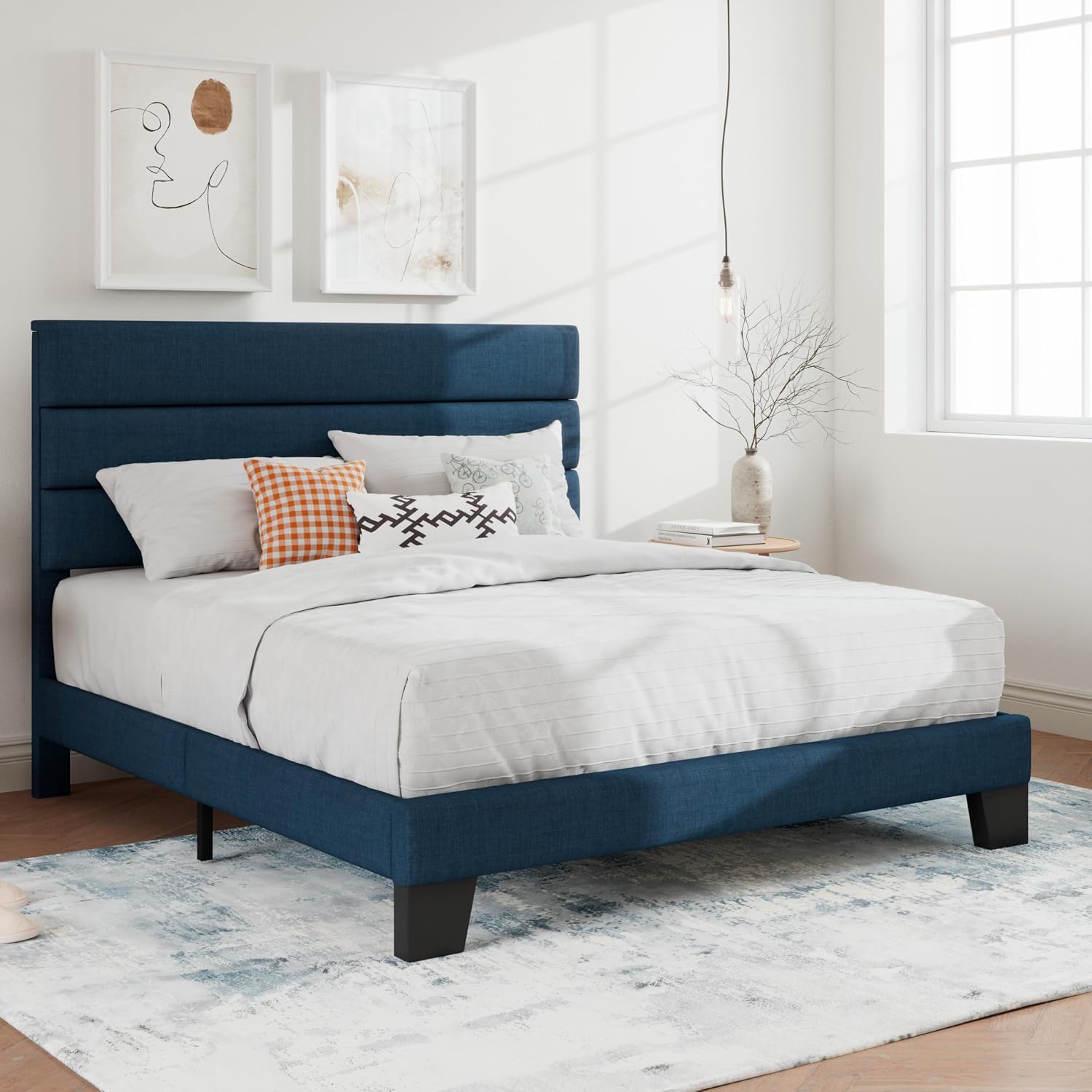 SHA CERLIN Full Platform Bed Frame with Upholstered Fabric Headboard, Grey