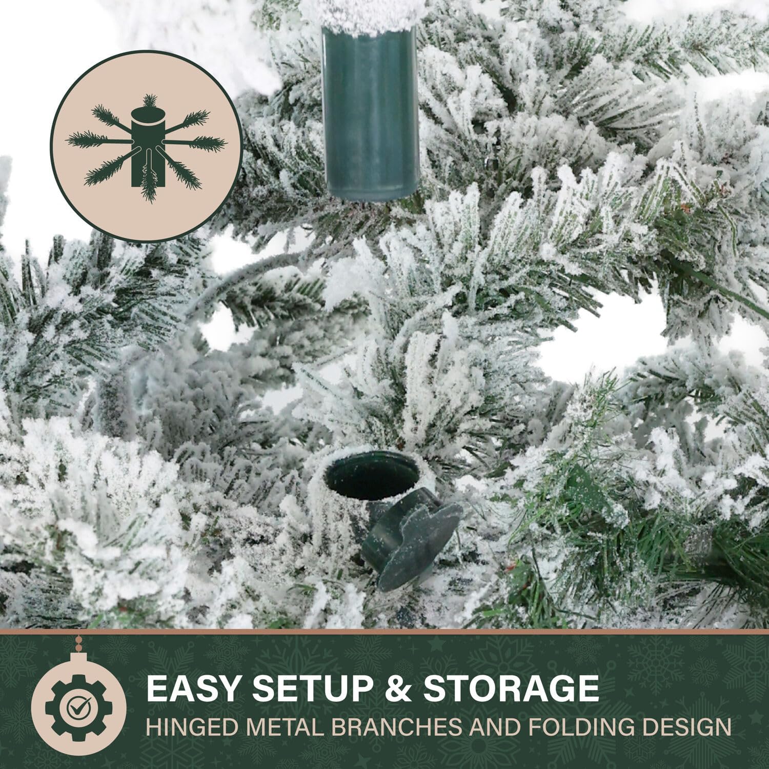 Fraser Hill Farm 7.5-Ft. Mountain Pine Flocked Artificial Christmas Tree with Stand, Unlit Foldable Fake Tree with Realistic Snowy Foliage for Home Decoration
