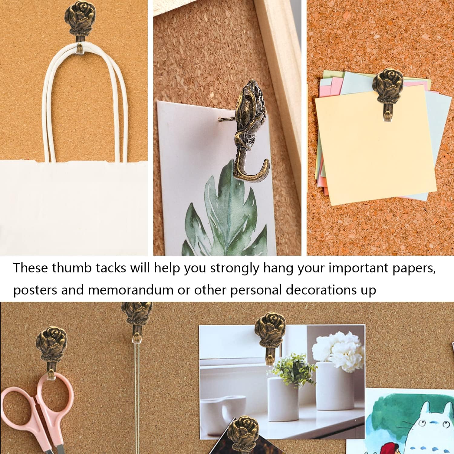Rose Shape Push Pin Hangers Wall Hooks (12 - Pack, Antique Brass)