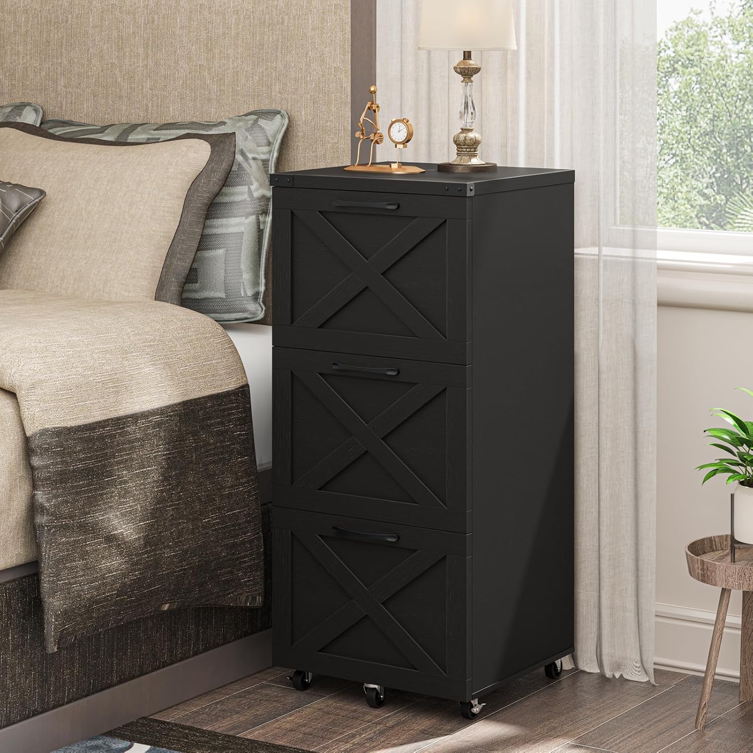 3 Drawers Tall Farmhouse File Cabinet with Wheels for Home Office, Black | Halitaa Vertical Filing Cabinet Fits Letter/A4 Size, Rolling File Cabinet Wooden Printer Stand for Home Office