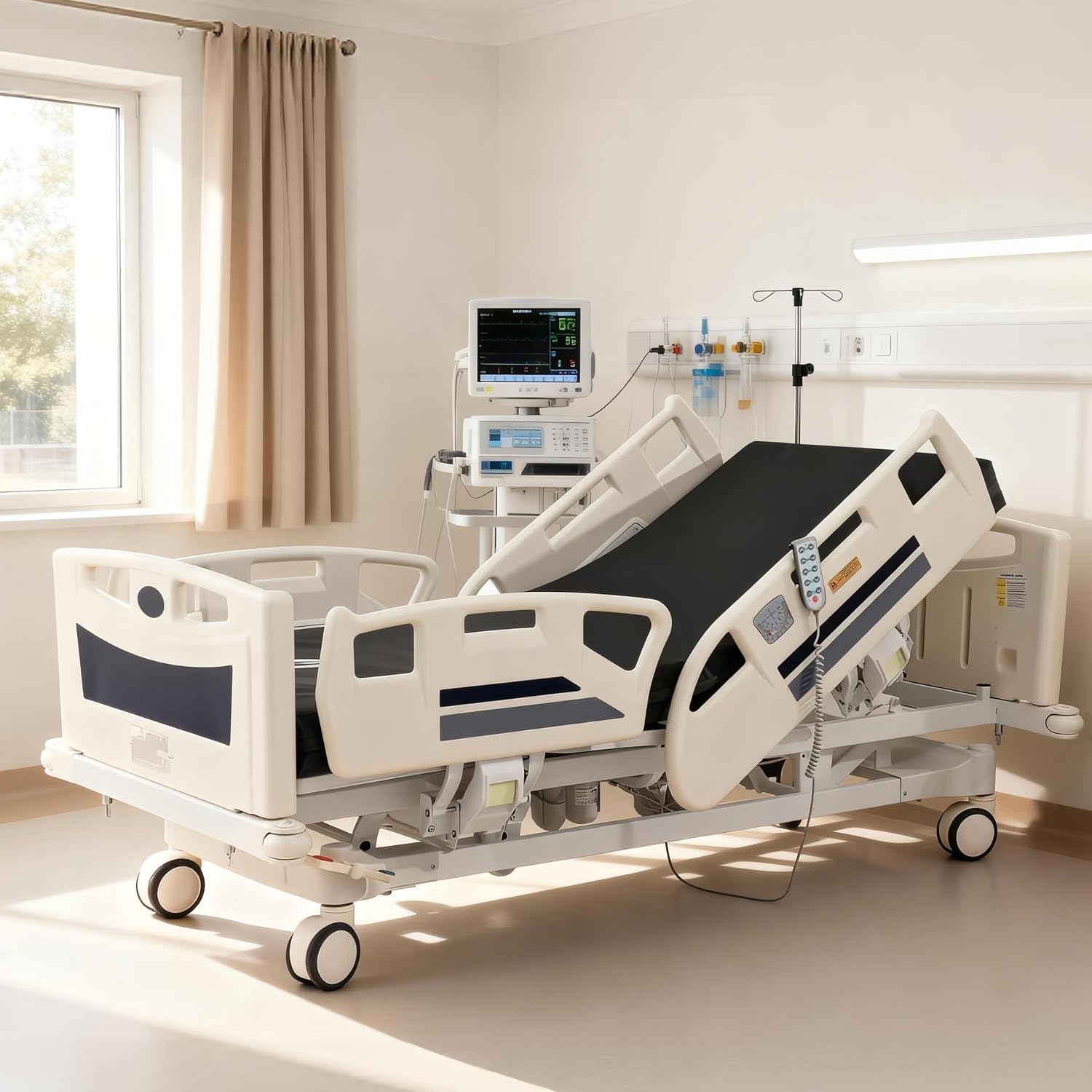 Premium 3 Function Full Electric Hospital Bed,Adjustable Medical Bed | 550LBS,4.7" Waterproof Mattress,Adjustable Height,One-Click CPR,Iv Pole,Germany Moter for Home Use Hospital Nursing Clinic