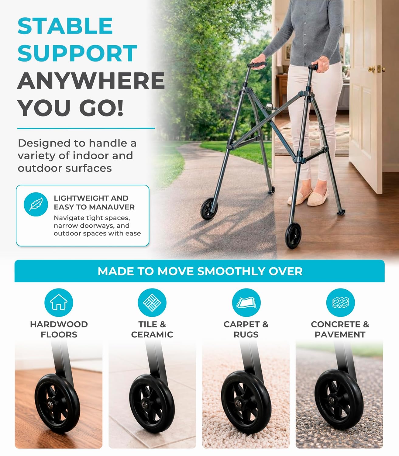 Stander Wonder Walker with 5-inch Wheels, Lightweight Folding Walker for Adults, Seniors, and Elderly, Collapsible Travel Walker
