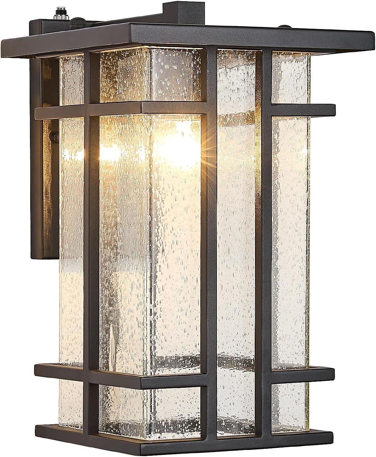 Rustic Dusk to Dawn Outdoor Wall Light Fixture 13.8"H Waterproof Exterior Wall Sconces Black Metal with Seeded Glass Sensor Outdoor Wall Lantern for