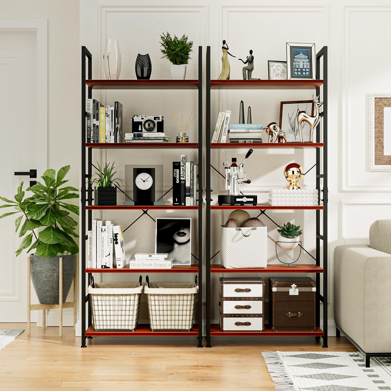 NUMENN 5 Tier Bookshelf, Tall Freestanding Open Storage Bookcase, Vintage