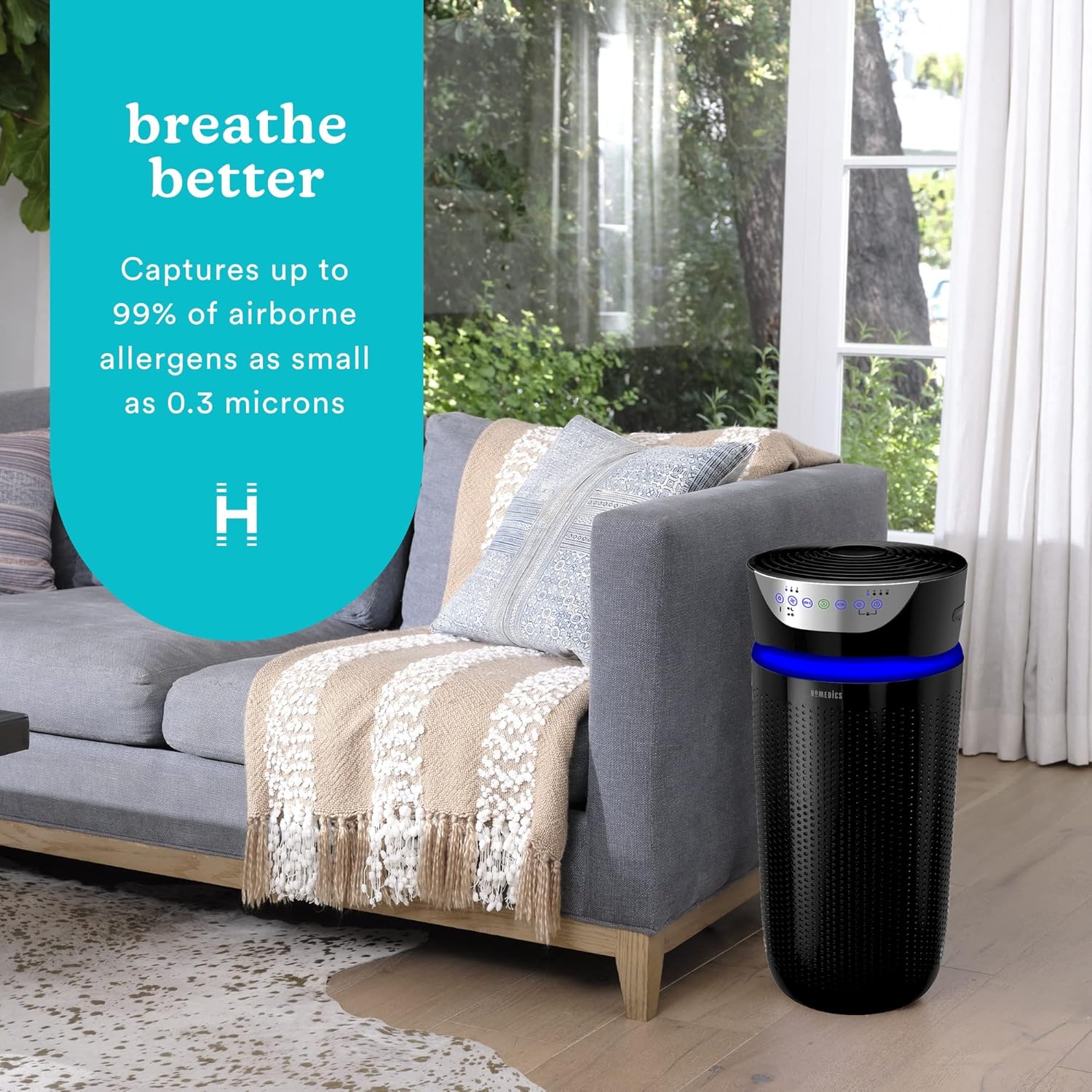 Homedics 5-in-1 UV-C Air Purifier - 360-Degree HEPA Filter for 1, 593 Sq Ft, Extra Large Air Purifiers for Bedroom and Home, Essential Oil Pads