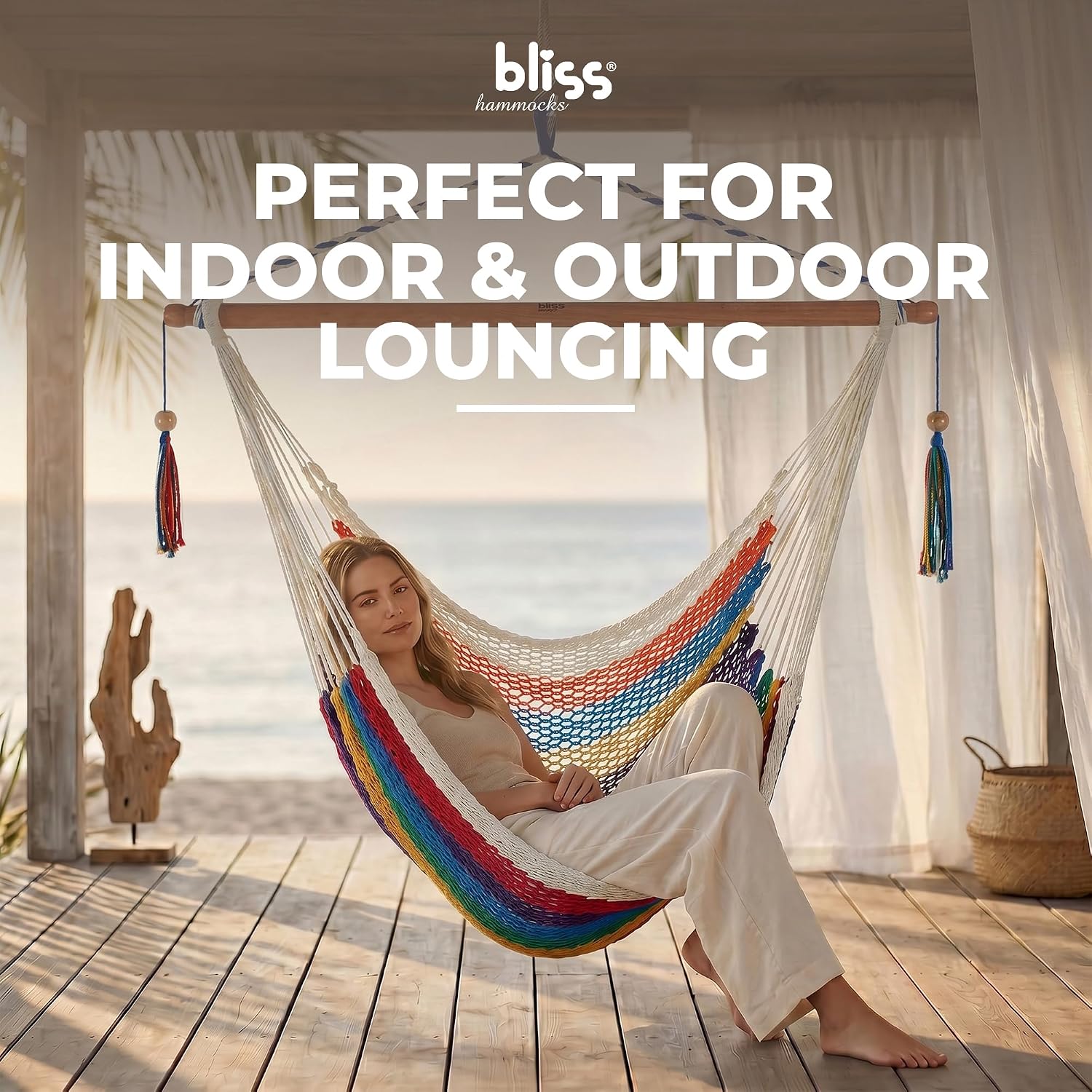 Bliss Hammocks BHC-412NT Island Rope Hammock Chair, Eco Friendly & Hand Woven, Varnish Coated 40 Inch Wood Spreader, Easy to Hang w/Included Hanging Kit, Supports up to 265 pounds, Natural Rope