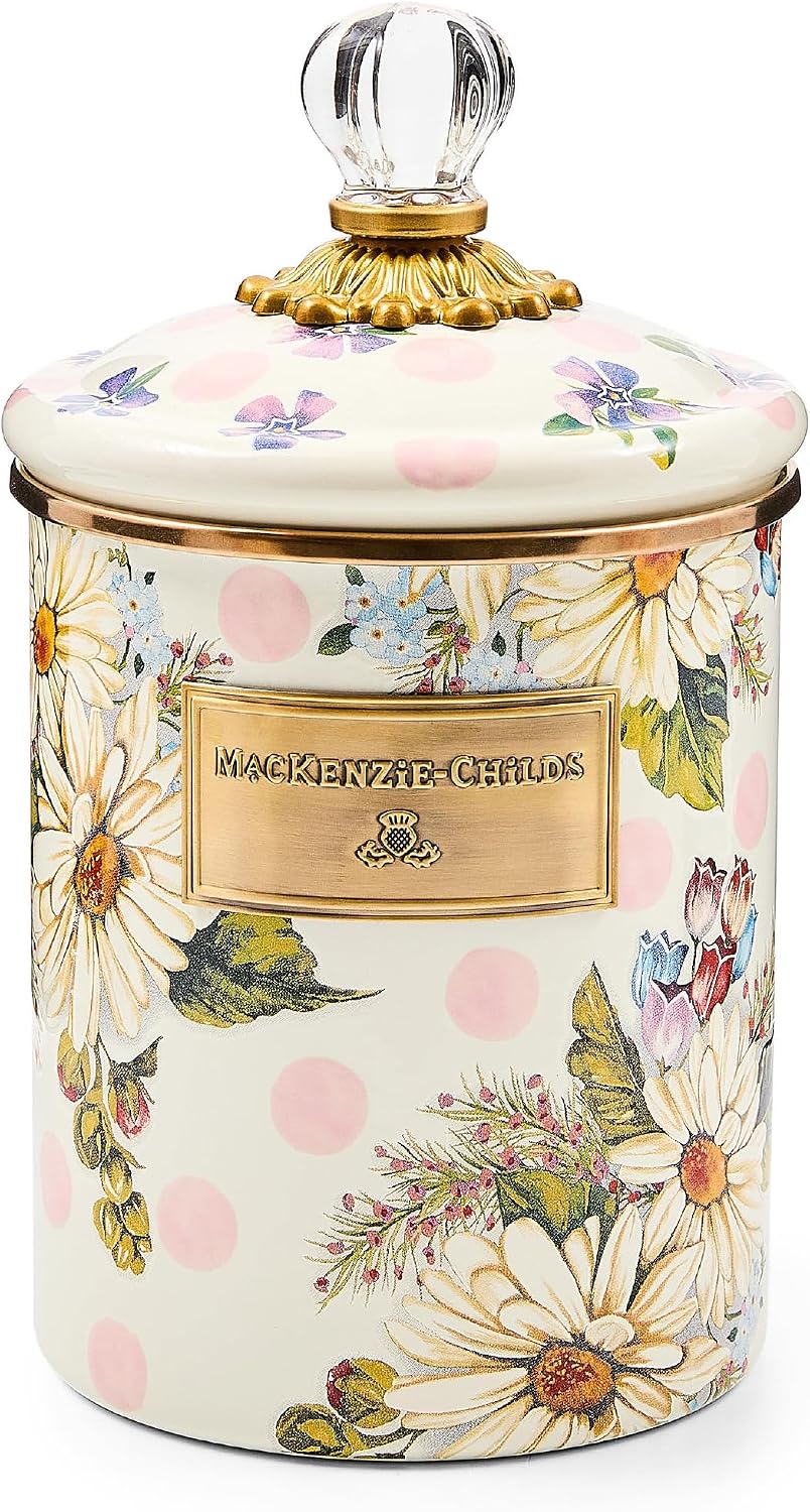 MACKENZIE-CHILDS Enamel Canister, Medium, White Butterfly Garden | Hand-applied design, made from enameled steel, versatile kitchen storage container for flour and sugar, 48-ounce capacity