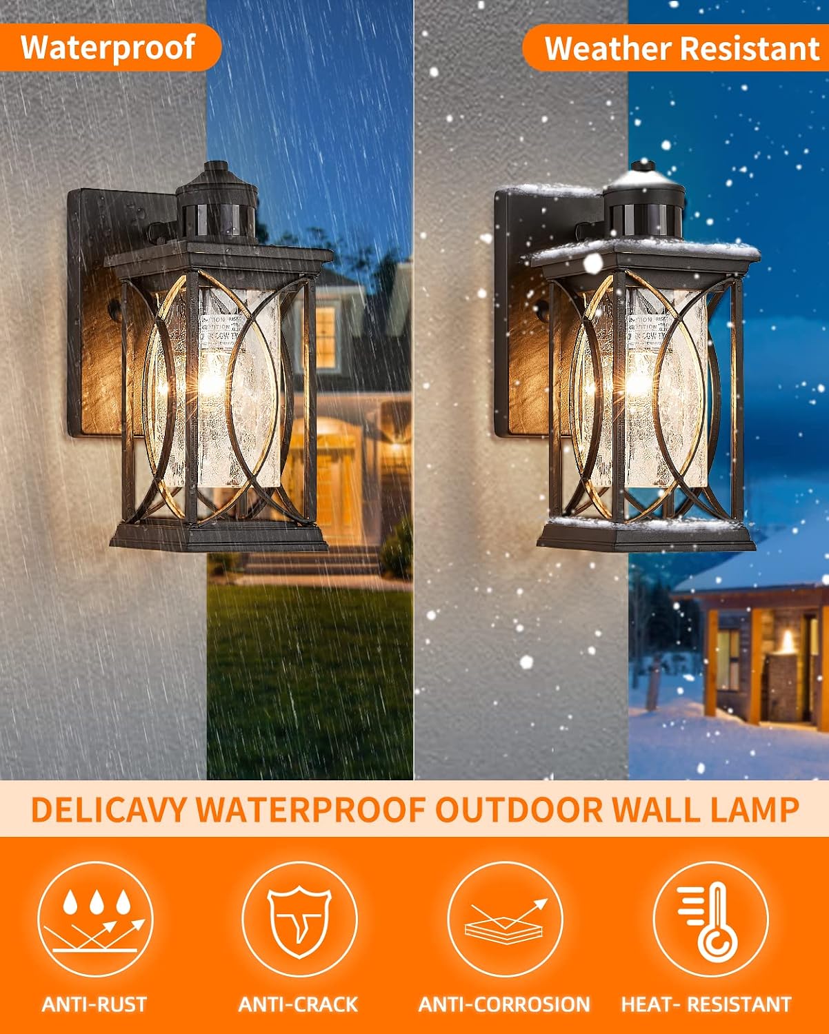Dusk to Dawn Modern Outdoor Coach Lantern Exterior Light Fixtures Black Aluminum with Crack-Like Glass Waterproof Wall Sconce Mission Outside Light