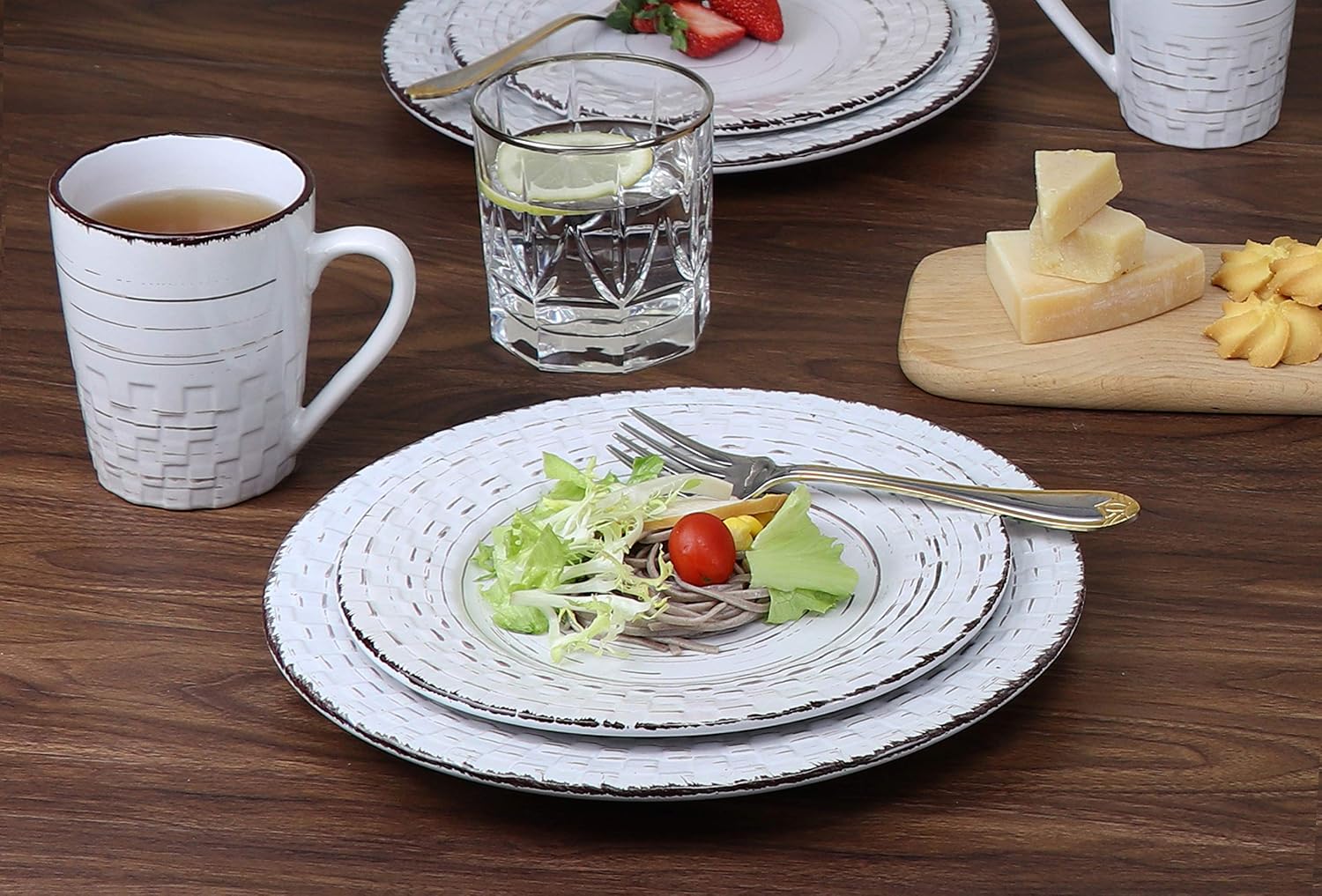 Lorren Home Trends Distressed Weave Dinnerware Set, Buttercup, 16 Piece | Service for 4