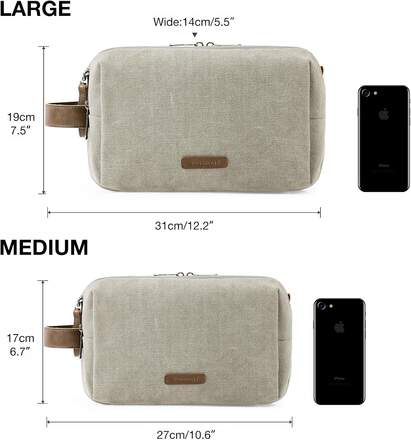 BAGSMART Toiletry Bag for Men, Canvas Travel Toiletry Organizer Dopp Kit Water-resistant Shaving Bag for Toiletries Accessories,Grey-Medium