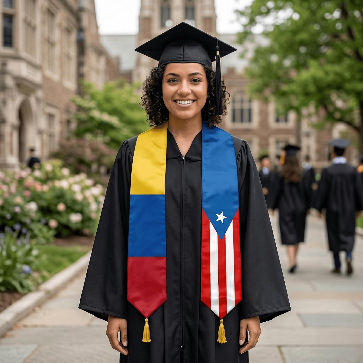 Class of 2026 Dual Flag Graduation Stole with Gold Tassels, Half and Half Country Flag Satin Sash, V-Neck