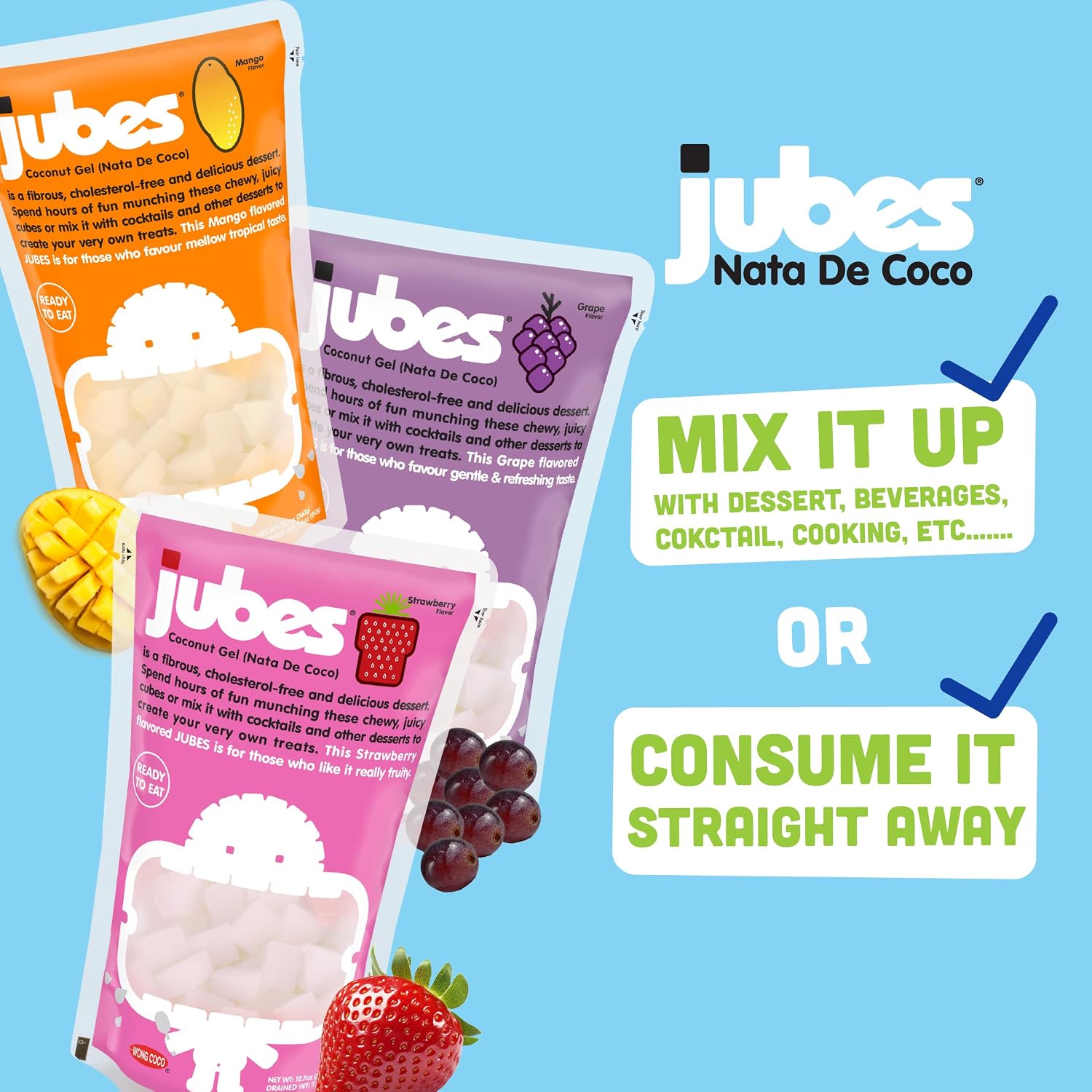 Jubes Pandan Nata De Coco Jelly Cubes (12.7 oz, Pack of 3) - Pandan Coconut Jelly Cubes for Sago - Coconut Gel in Syrup Toppings for Fruit Tea, Boba, Bubble Tea, Drinks, Desserts Yogurt, Ice Cream, Beverage