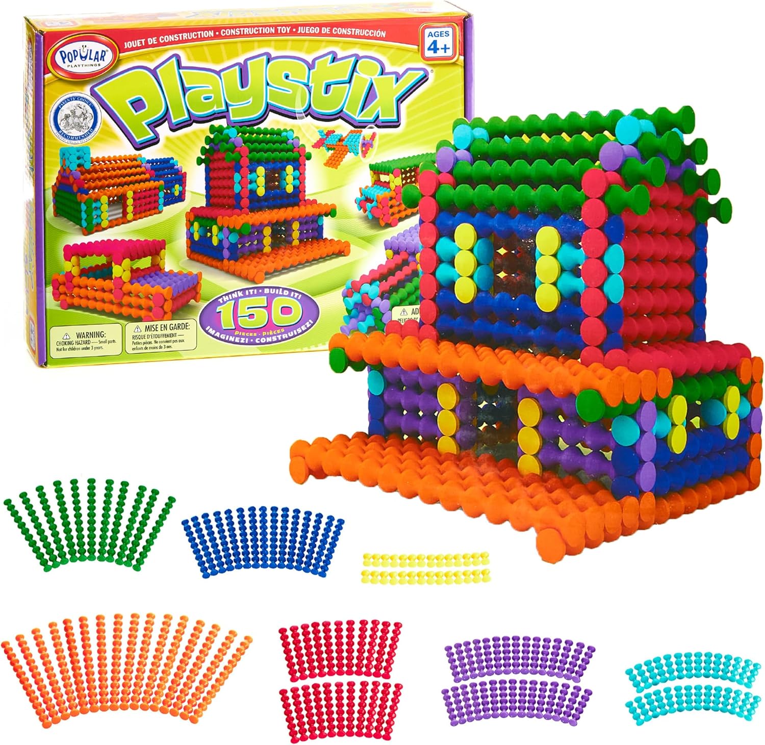 POPULAR PLAYTHINGS Playstix Construction Toy Set, 150 Piece Kit | for Kids Ages 4 and Up, Building Sticks for STEM and Classroom Use