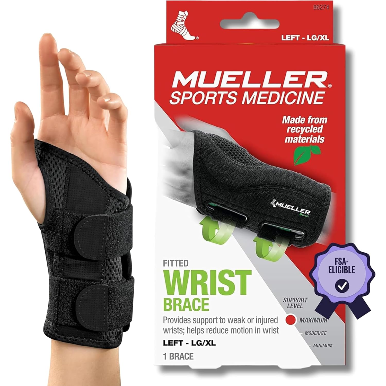 MUELLER Sports Medicine Green Fitted Wrist Brace for Men and Women, Wrist Pain Relief Support, Ideal for Carpal Tunnel, Tendonitis, Arthritis, Right Hand, Black, Small/Medium