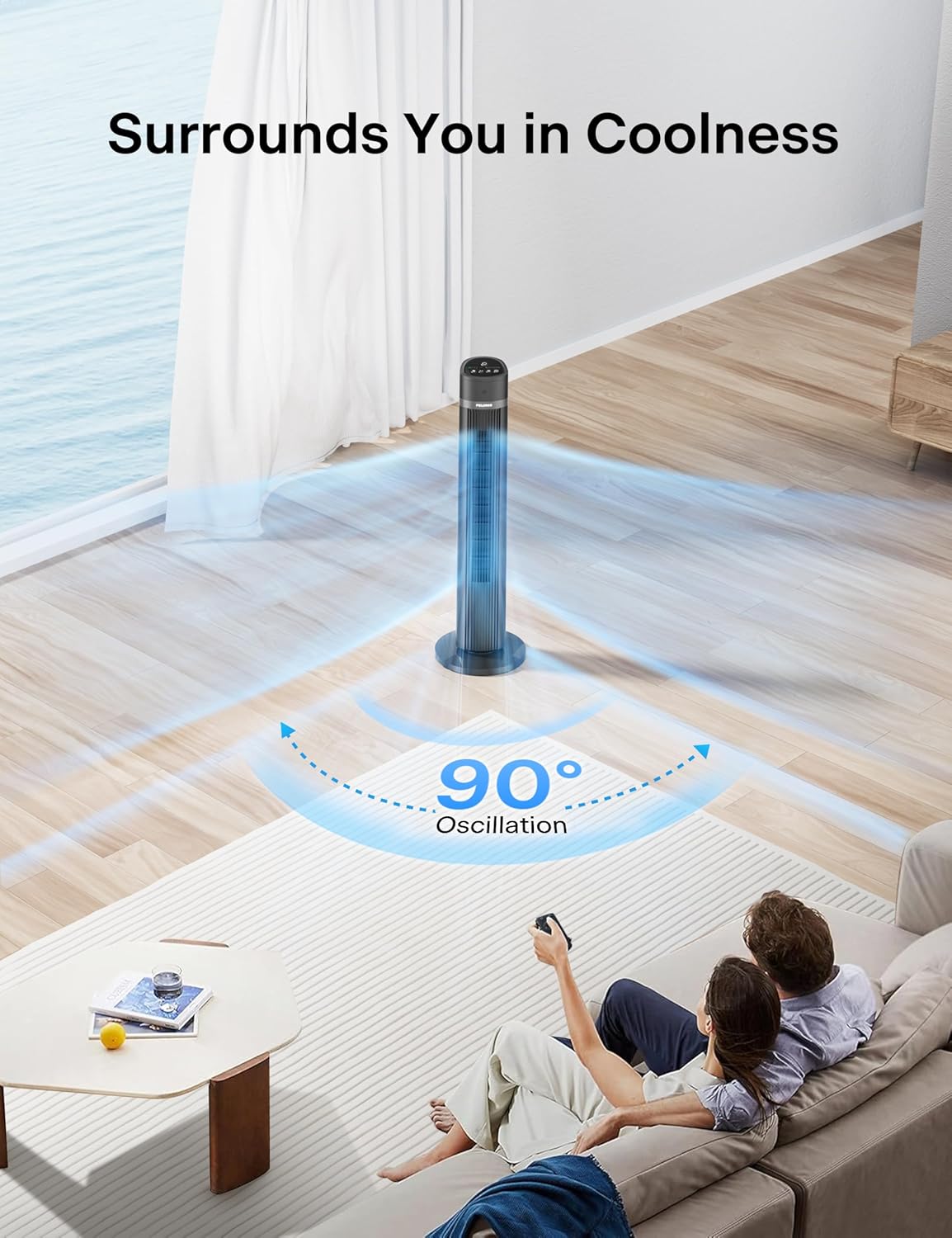 PELONIS 40-inch Bladeless Tower Fan for Bedroom, Standing Fan with Remote Control, 26ft/s, 90° Oscillation, 3 Speed Settings, 27 dB, 3 Modes