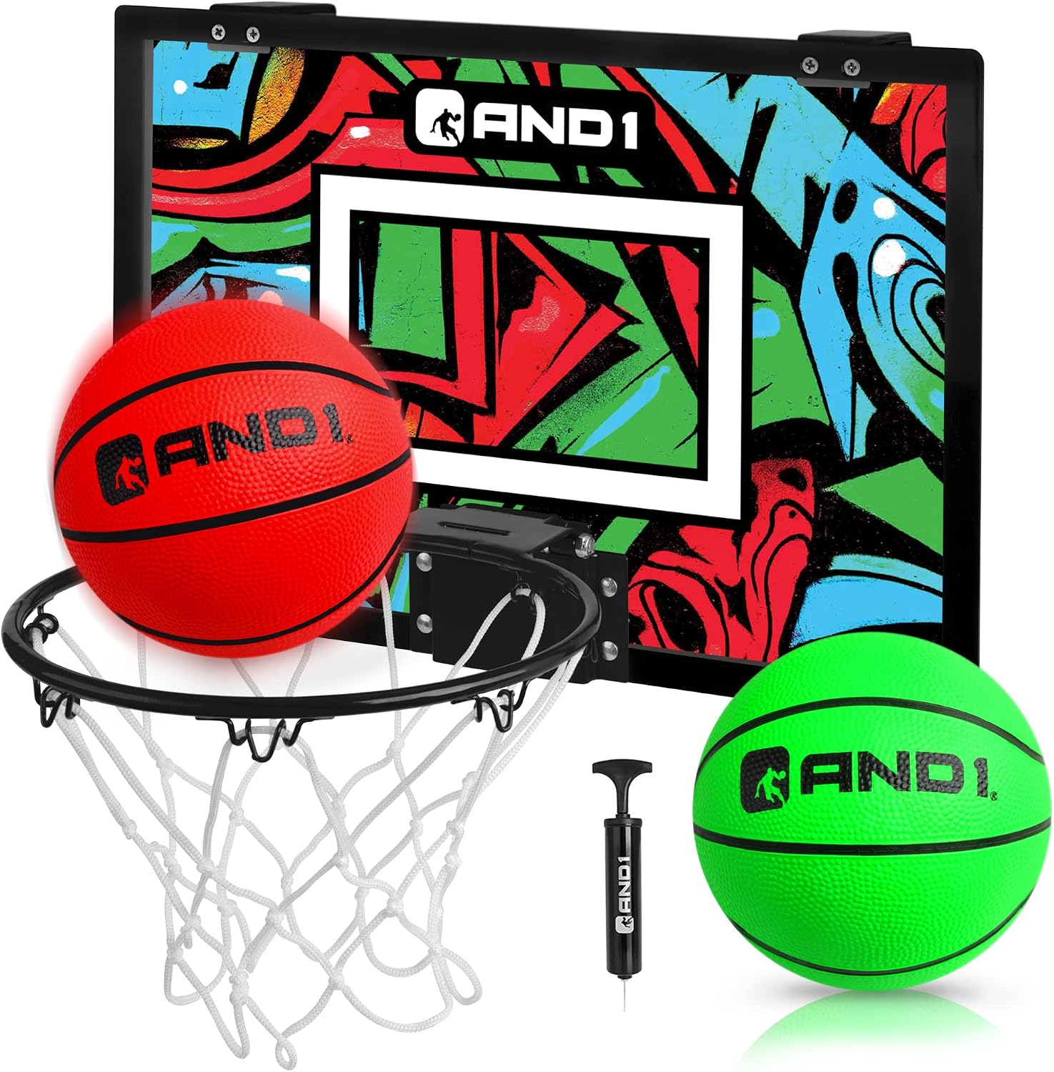 AND1 Over the Door Mini Basketball Hoop: 18x12 Shatterproof Backboard, 2 Mini Basketballs