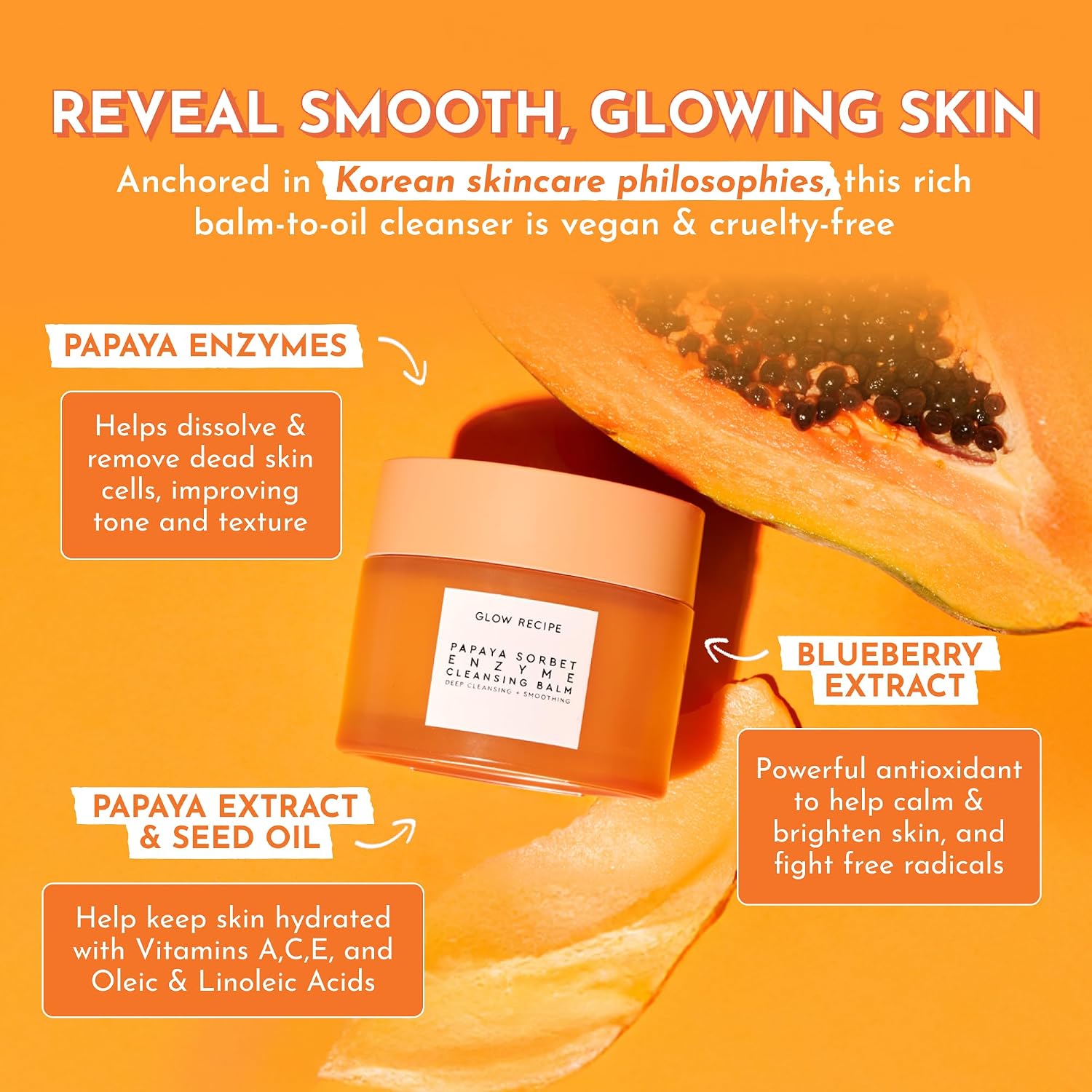 Glow Recipe Papaya Enzyme Cleansing Balm, Korean Double Cleanse First Cleanser, Makeup Remover + Cleansing Oil Balm, Gentle Exfoliating Face Cleanser