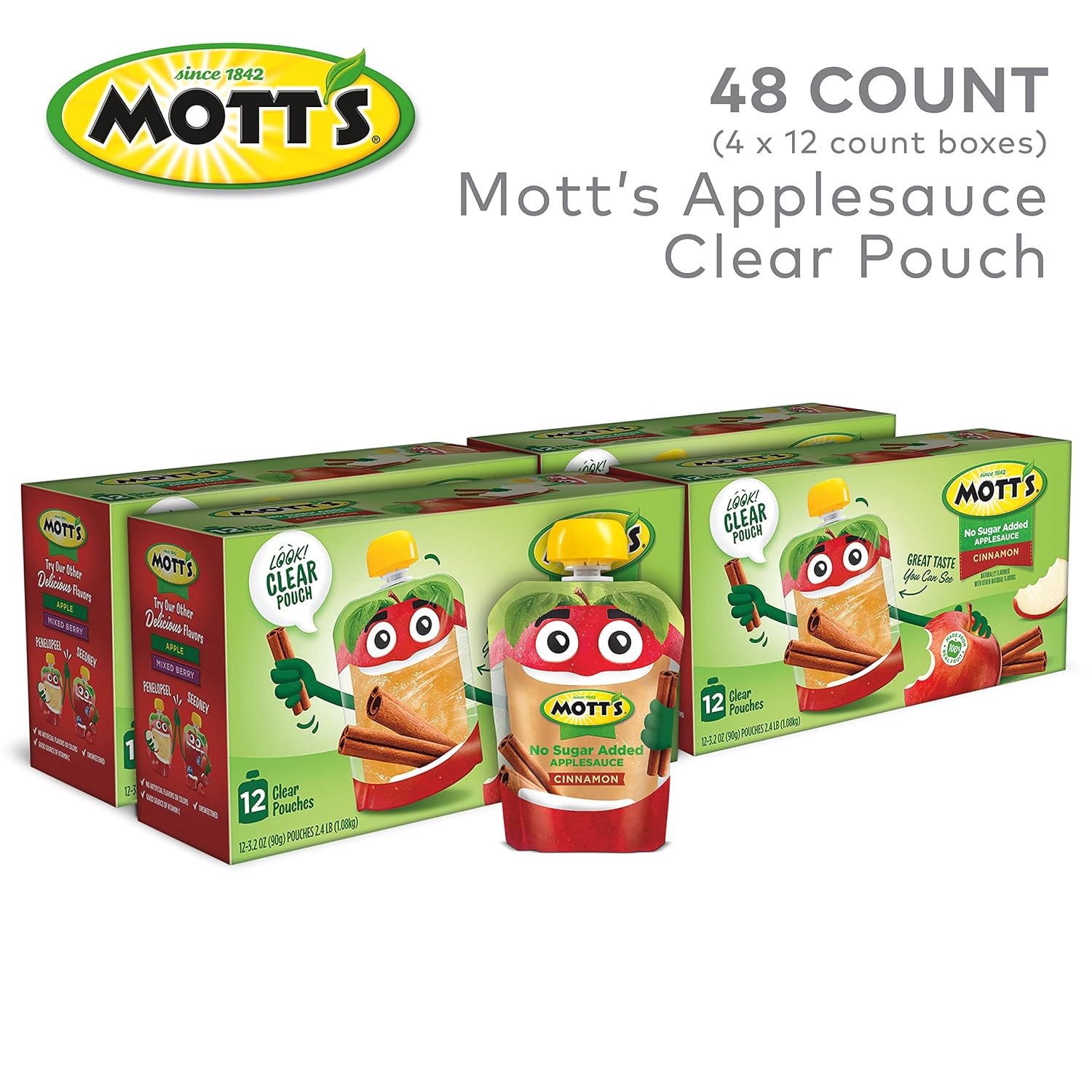 Mott's No Sugar Added Strawberry Applesauce, 3.2 Oz Clear Pouches, 48 Count (4 Packs Of 12), Good Source Of Vitamin C, No Artificial Flavors