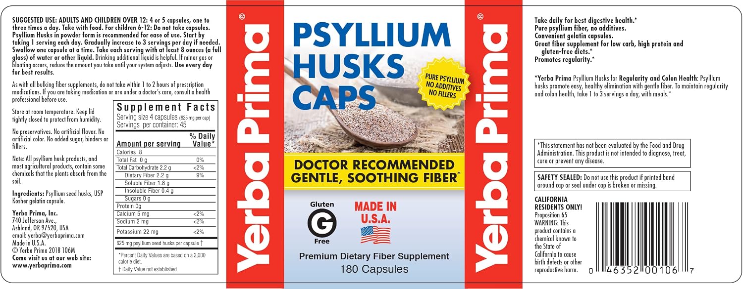 Yerba Prima Psyllium Husk Caps - 180 Capsules (Pack of 2) - Easy to Swallow Fiber Supplement - Colon Cleanse - Gut Health - Non-GMO Gluten Free
