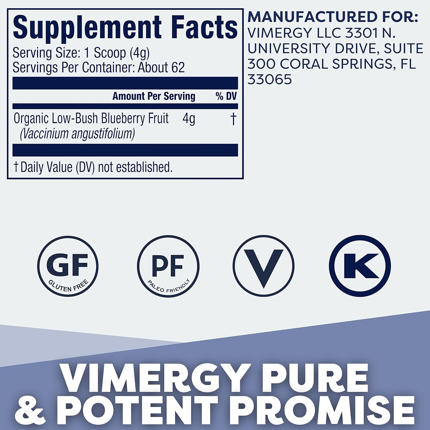 Vimergy Wild Blueberry Powder, Non-GMO, Vegan, Organic, 250g, 62 Servings | Antioxidant Used in Heavy Metal Detox Smoothie, Protects Brain Cells*, Gluten-Free