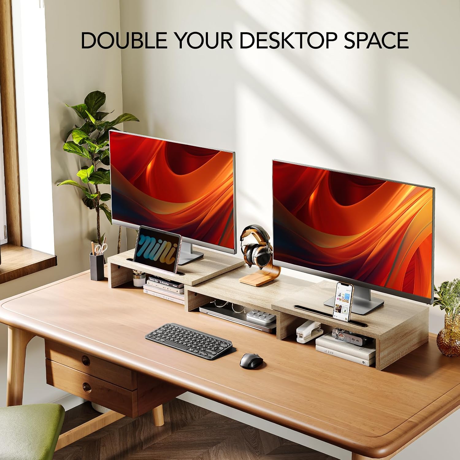 AMERIERGO Dual Monitor Stand Riser- 3 Shelf Screen Stand with Adjustable Length and Angle, 2 Extra Functional Slot Desktop Organizer Stand for PC