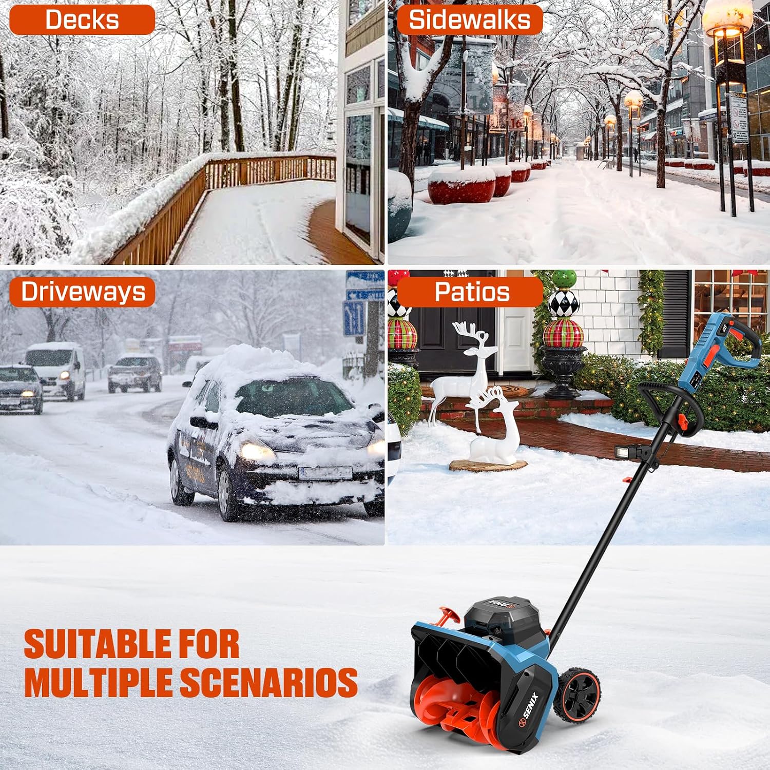 SENIX Cordless Snow Shovel, 40V | 13-Inch | 6-Inch | 8000mAh Snow Blower | 20FT Max Throw Distance, Plows 375lbs/Min, with Auxiliary Handle for Patio, Deck, Driveway