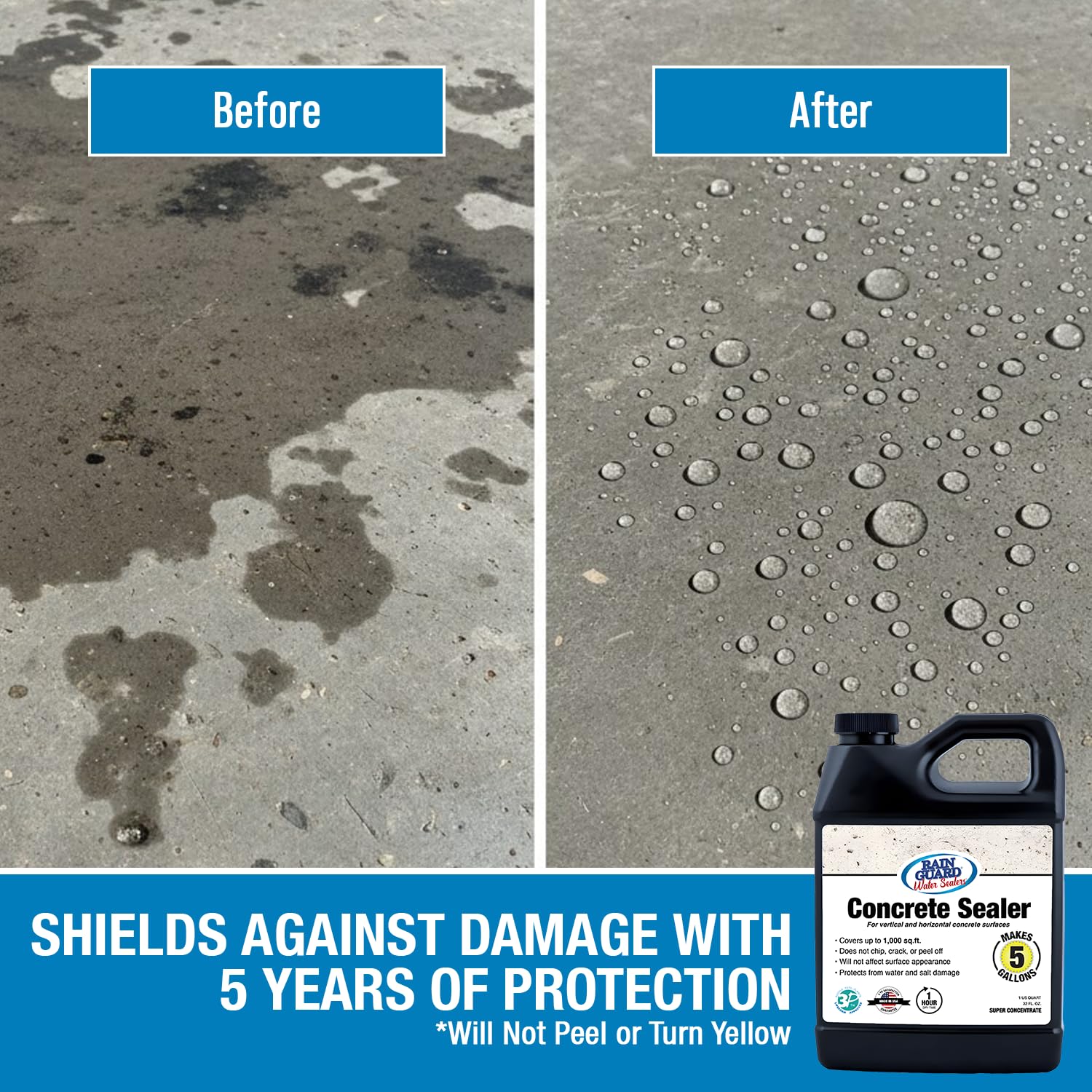 Rain Guard Concrete Sealer 5 Gallon | Ready to Use | Natural Finish | Deep Penetrating Protection Against Water and Salt Damage for All Concrete Surfaces | Silane/Siloxane Waterproofer | Ready To Use, Natural Finish, Clear, Deep Penetrating Protection Ag…