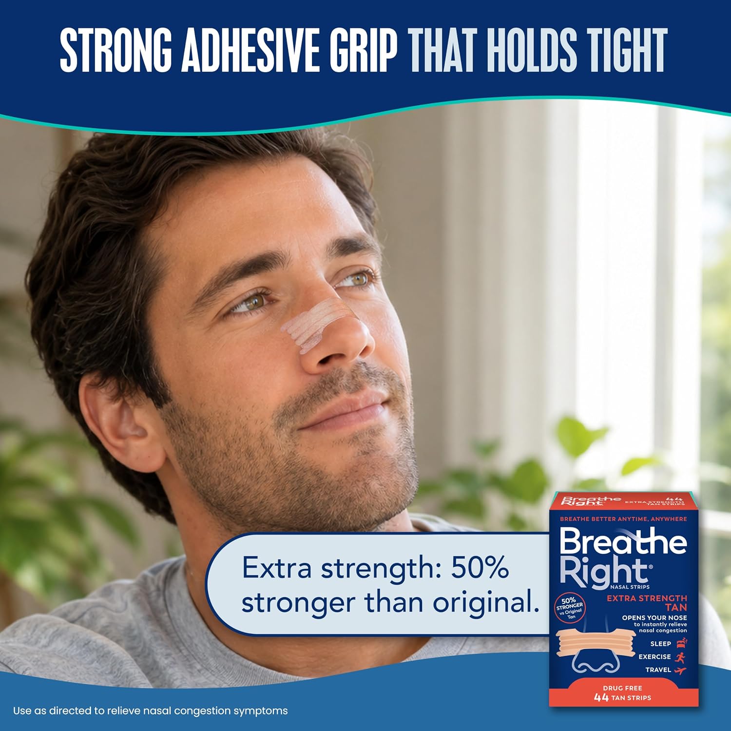 Breathe Right Nasal Strips, Extra Strength, Nasal Congestion, Tan, 44ct | Opens nose and increases nasal airflow