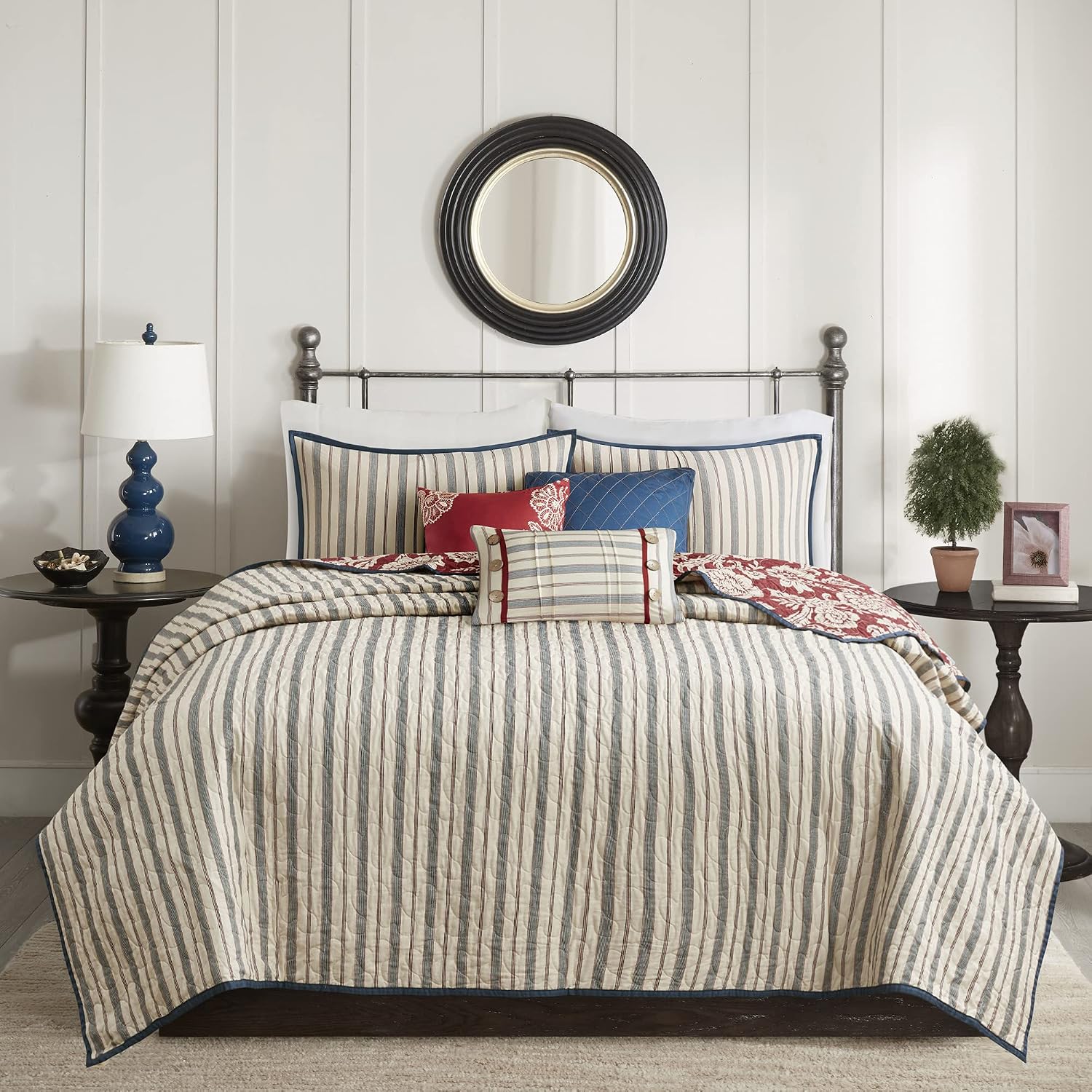 Madison Park Cotton Casual Floral Quilt Set, 6PC Full/Queen Coverlet | Channel Stitching Design, All Season, Lightweight Coverlet Bedspread Bedding, Shams, Decorative Pillows, Taupe Grey/Purple